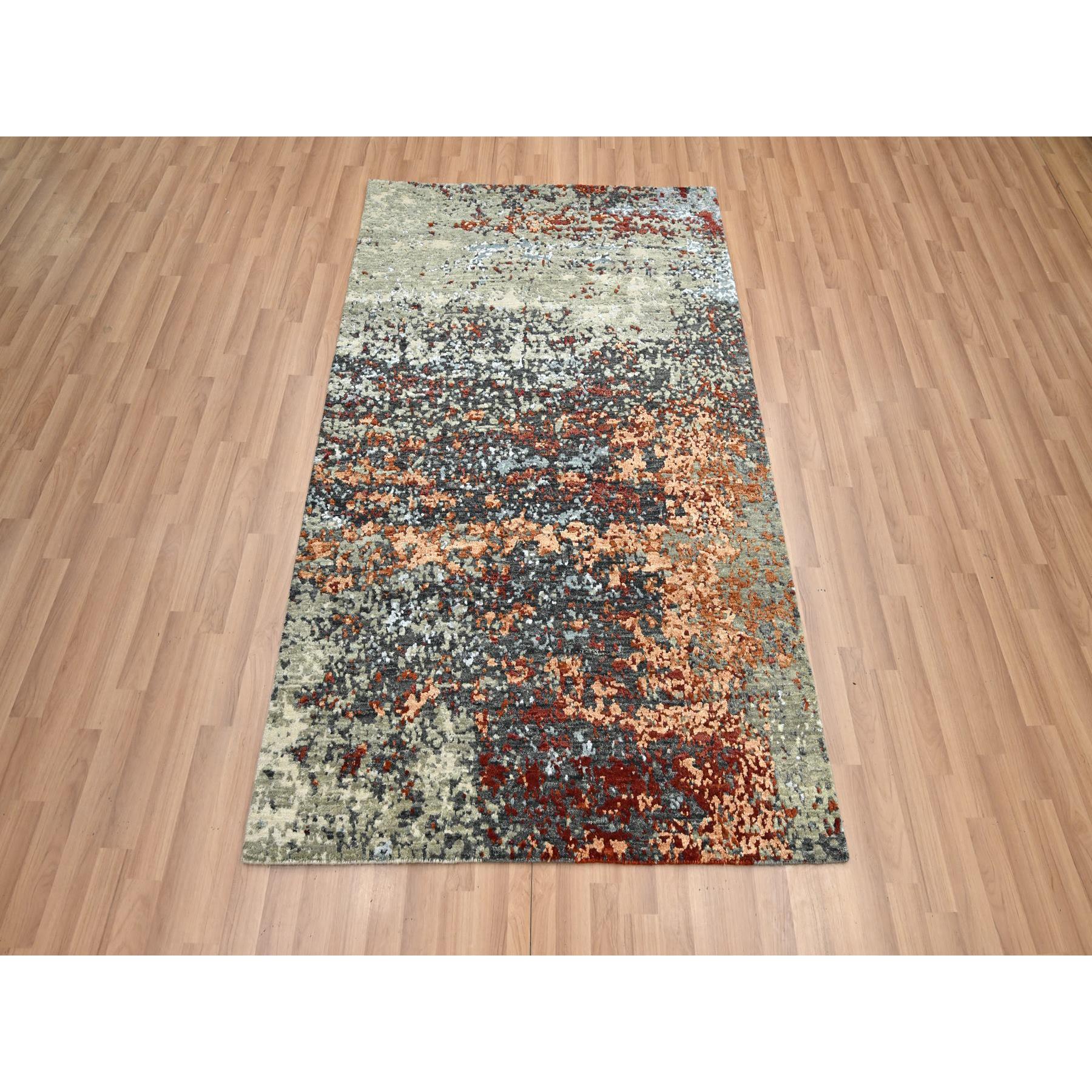4'x6'2" Charcoal Gray with Orange, Persian Knot, Abstract with Galaxy Design, Pure Wool, Hand Knotted, Densely Woven, Oriental Rug Sh83183