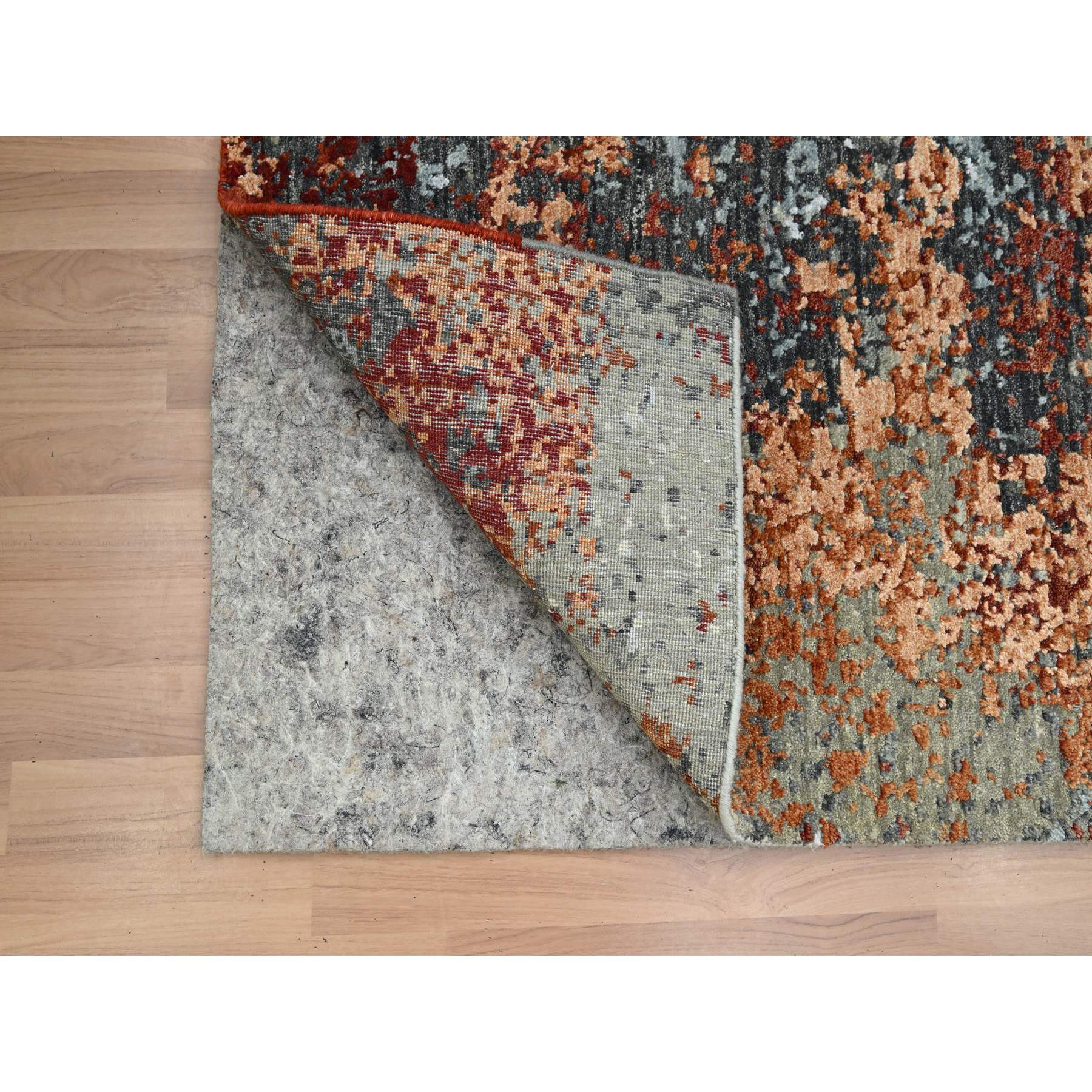 4'x6'2" Charcoal Gray with Orange, Persian Knot, Abstract with Galaxy Design, Pure Wool, Hand Knotted, Densely Woven, Oriental Rug Sh83183