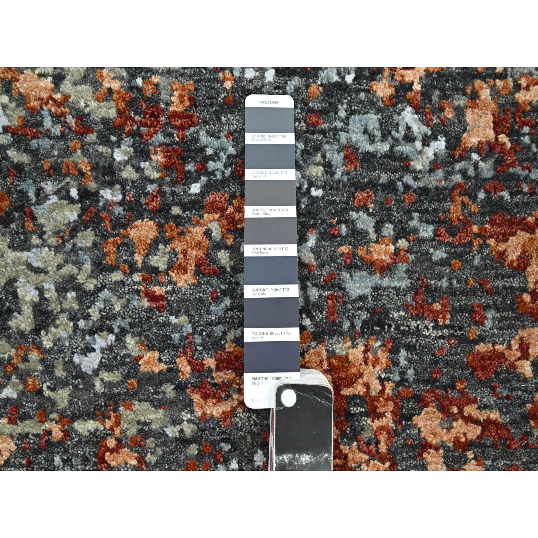 4'x6'2" Charcoal Gray with Orange, Persian Knot, Abstract with Galaxy Design, Pure Wool, Hand Knotted, Densely Woven, Oriental Rug Sh83183