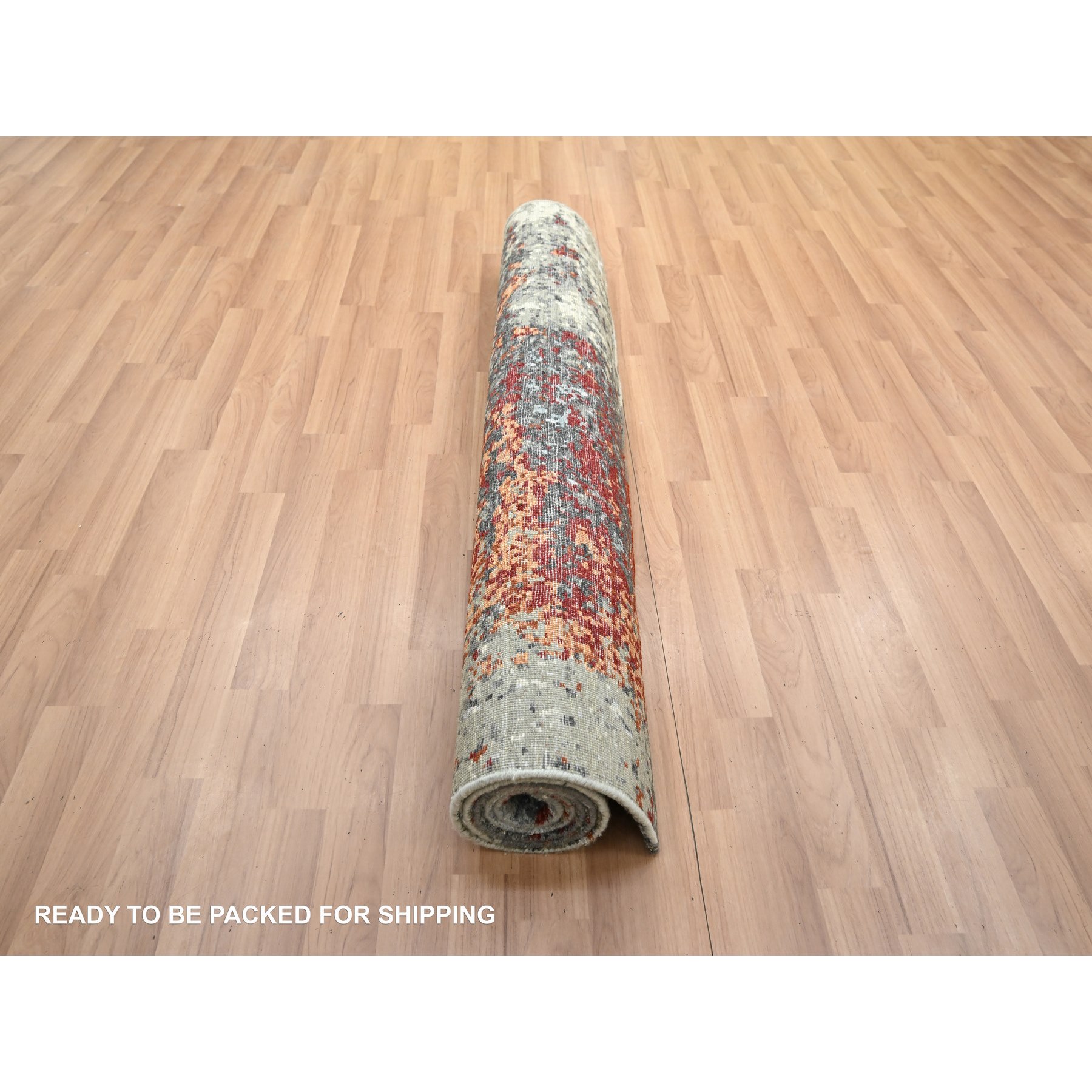 4'x6'2" Charcoal Gray with Orange, Persian Knot, Abstract with Galaxy Design, Pure Wool, Hand Knotted, Densely Woven, Oriental Rug Sh83183