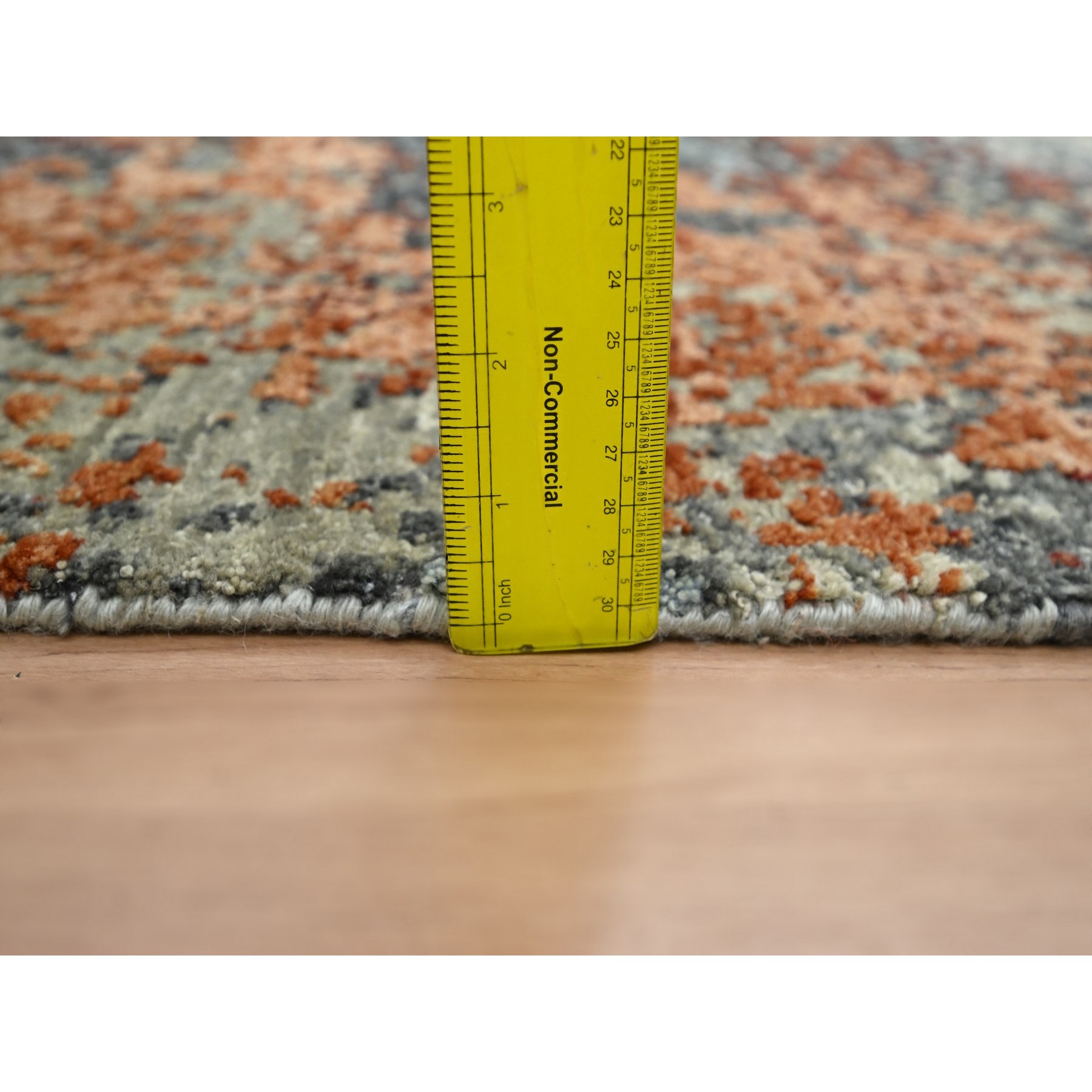 4'x6'2" Charcoal Gray with Orange, Persian Knot, Abstract with Galaxy Design, Pure Wool, Hand Knotted, Densely Woven, Oriental Rug Sh83183