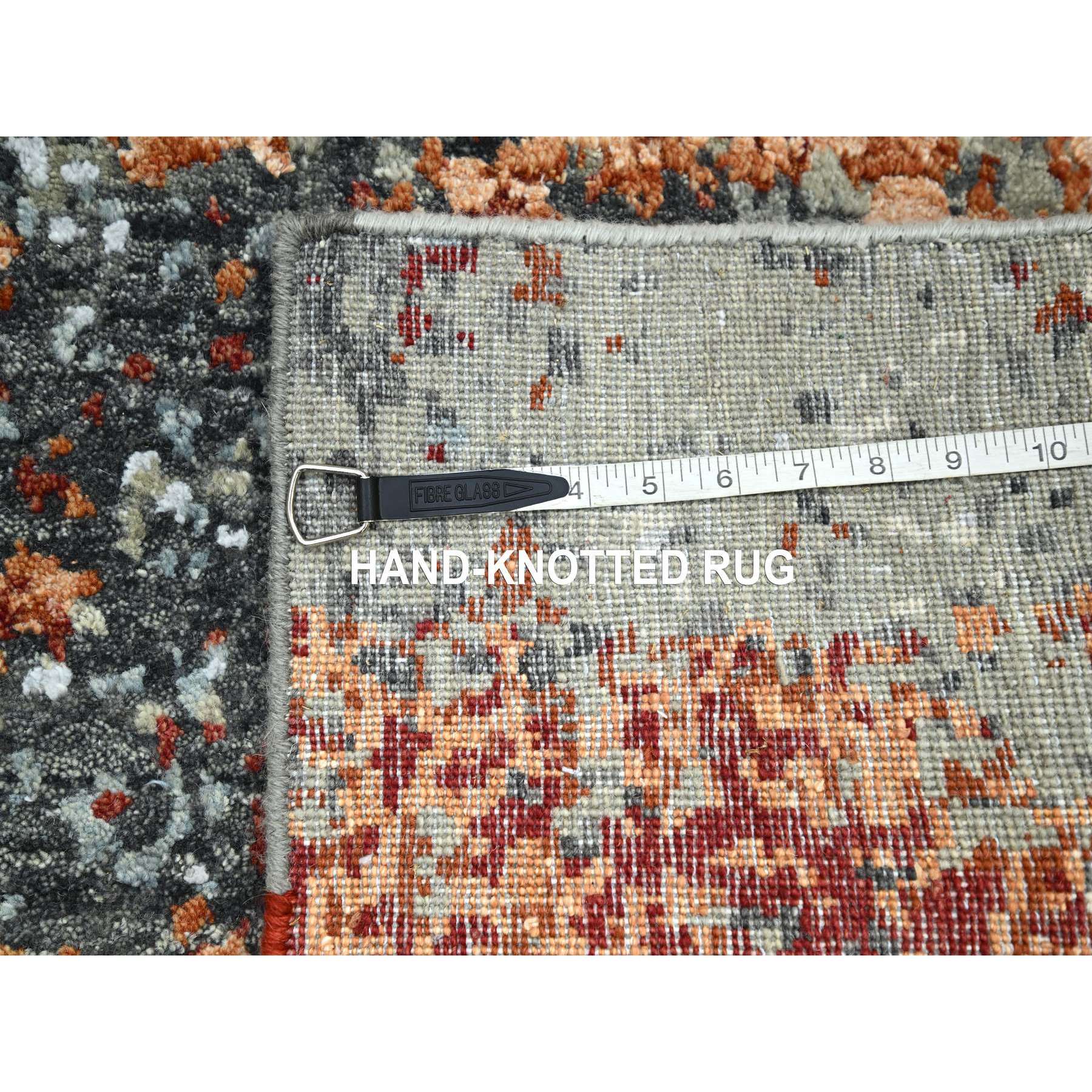 4'x6'2" Charcoal Gray with Orange, Persian Knot, Abstract with Galaxy Design, Pure Wool, Hand Knotted, Densely Woven, Oriental Rug Sh83183