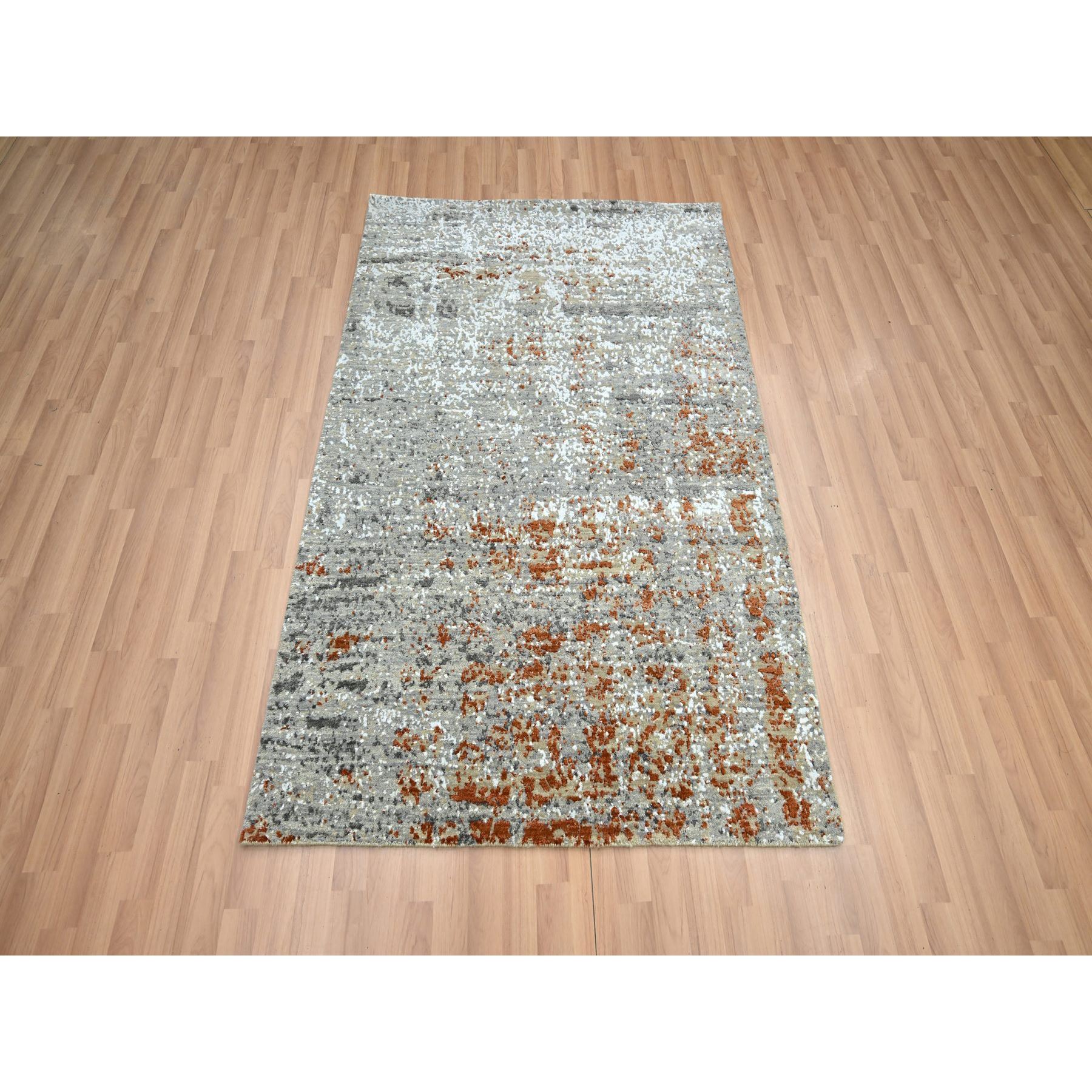 4'x6' Spanish Gray with Rust, Persian Knot, Abstract with Galaxy Design, Pure Wool, Hand Knotted, Densely Woven, Oriental Rug Sh83184