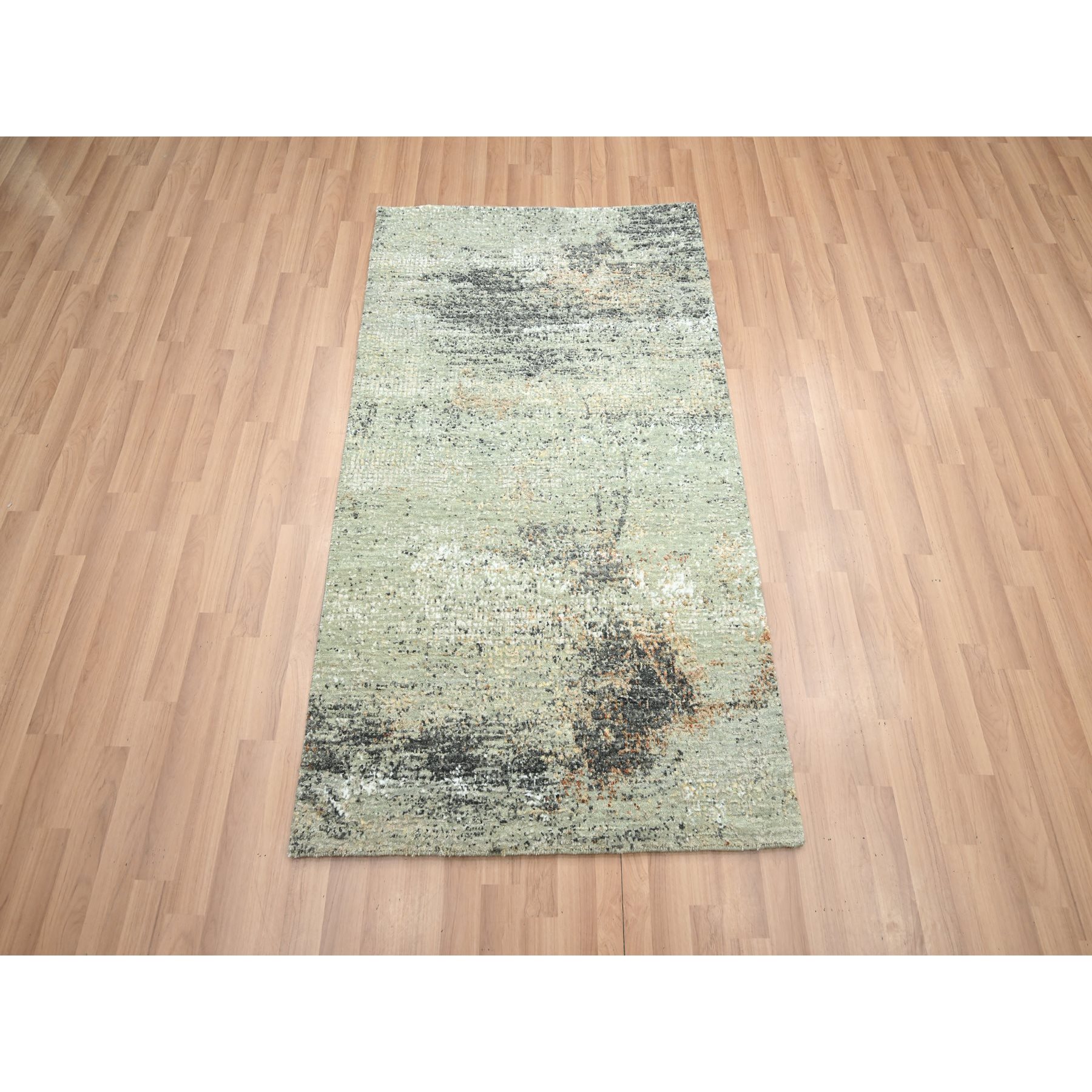 3'x5' Laurel Green, Abstract with Galaxy Design, Persian Knot, Pure Wool, Hand Knotted, Densely Woven, Oriental Rug Sh83186