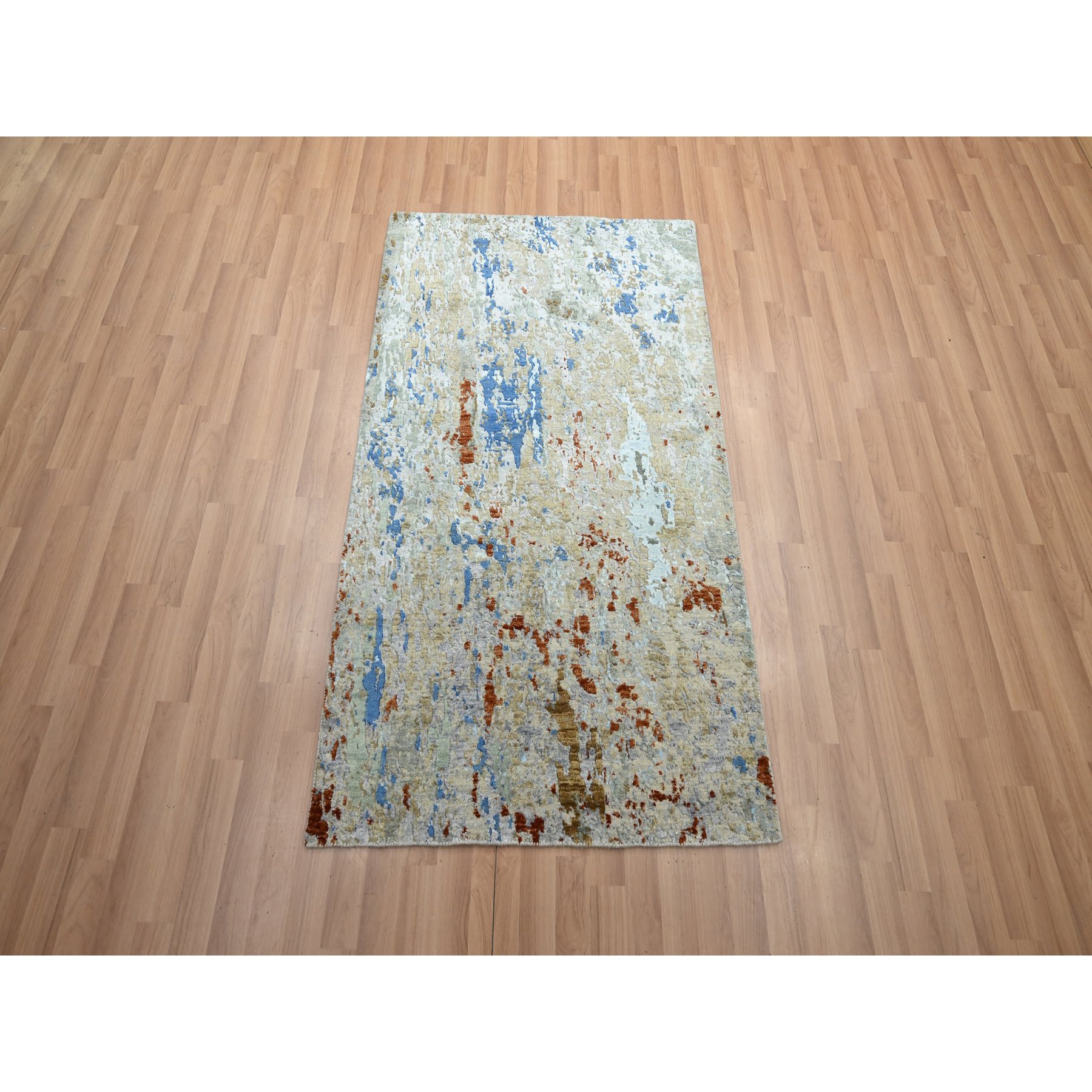 3'x5'1" Bayern Blue with Beige, Abstract with Galaxy Design, Persian Knot, Pure Wool, Hand Knotted, Densely Woven, Oriental Rug Sh83188