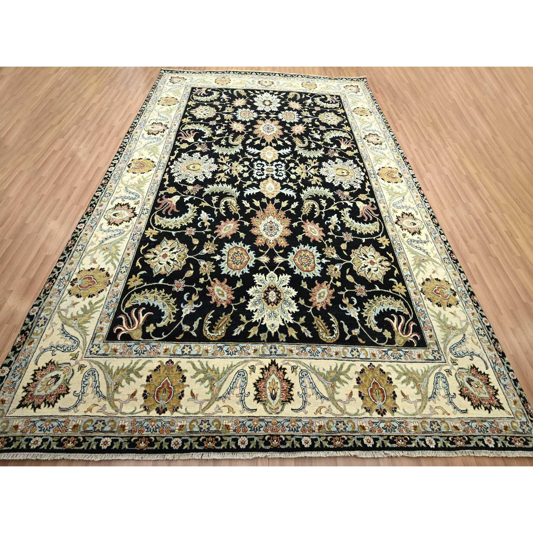 9'x12'5" Caviar Black, Hand Knotted, Colorful Floral Motifs, Agra with Ziegler Design, Pure Wool, Vegetable Dyes, Oriental Rug Sh83197