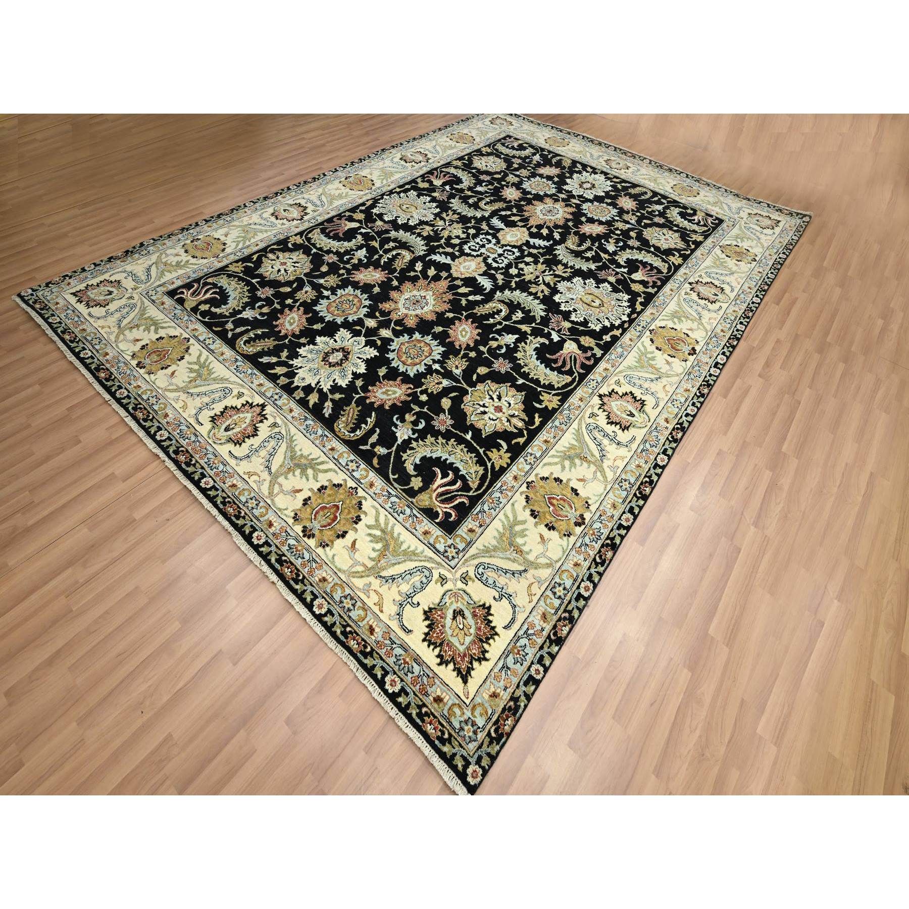 9'x12'5" Caviar Black, Hand Knotted, Colorful Floral Motifs, Agra with Ziegler Design, Pure Wool, Vegetable Dyes, Oriental Rug Sh83197