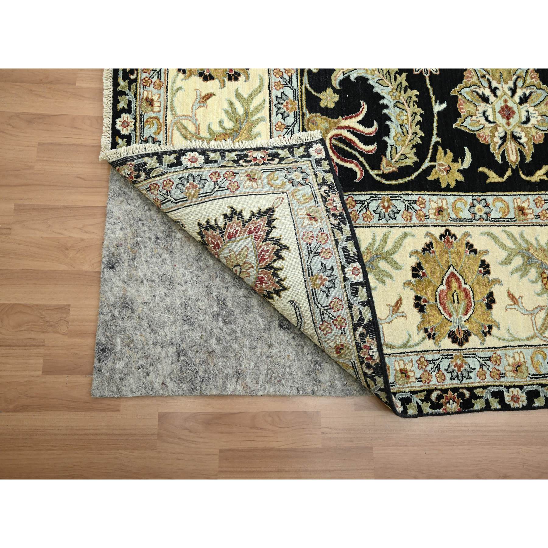9'x12'5" Caviar Black, Hand Knotted, Colorful Floral Motifs, Agra with Ziegler Design, Pure Wool, Vegetable Dyes, Oriental Rug Sh83197