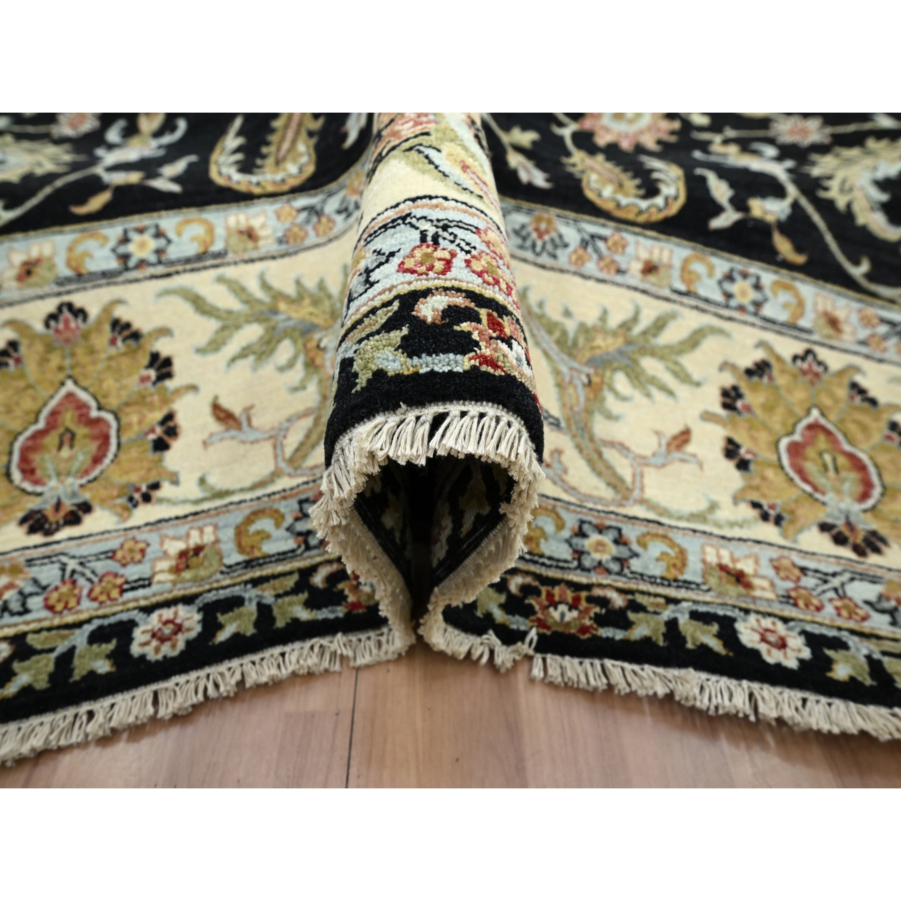 9'x12'5" Caviar Black, Hand Knotted, Colorful Floral Motifs, Agra with Ziegler Design, Pure Wool, Vegetable Dyes, Oriental Rug Sh83197