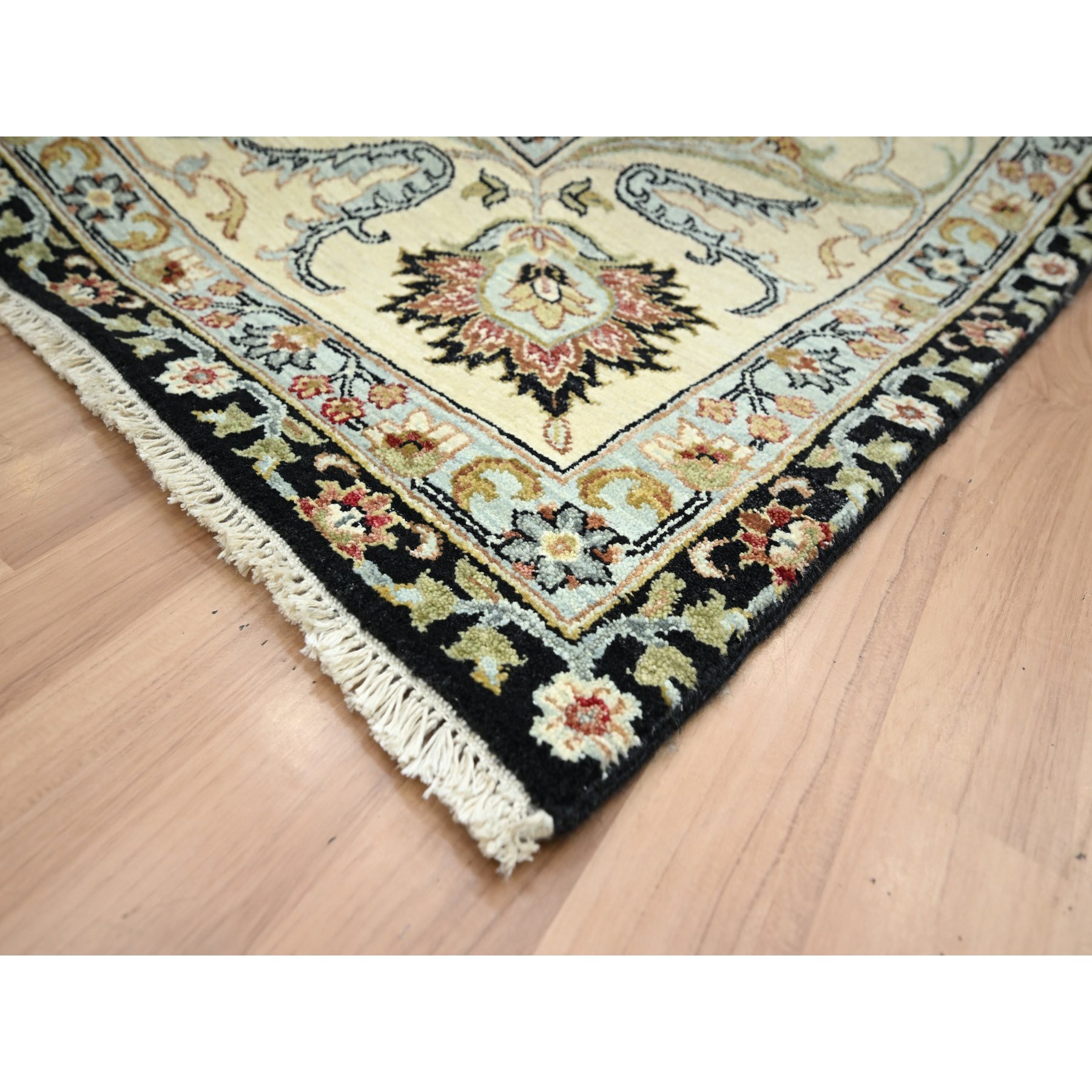 9'x12'5" Caviar Black, Hand Knotted, Colorful Floral Motifs, Agra with Ziegler Design, Pure Wool, Vegetable Dyes, Oriental Rug Sh83197