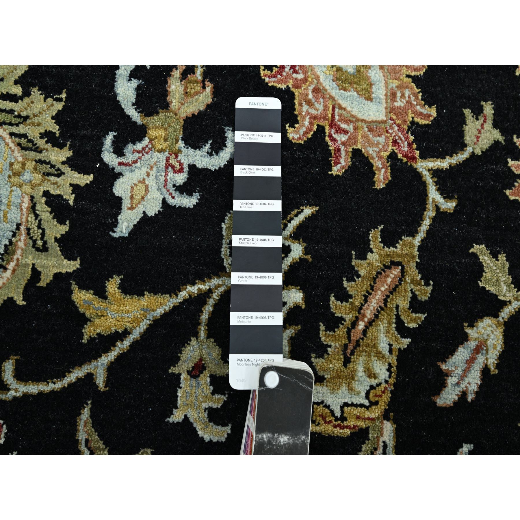 9'x12'5" Caviar Black, Hand Knotted, Colorful Floral Motifs, Agra with Ziegler Design, Pure Wool, Vegetable Dyes, Oriental Rug Sh83197