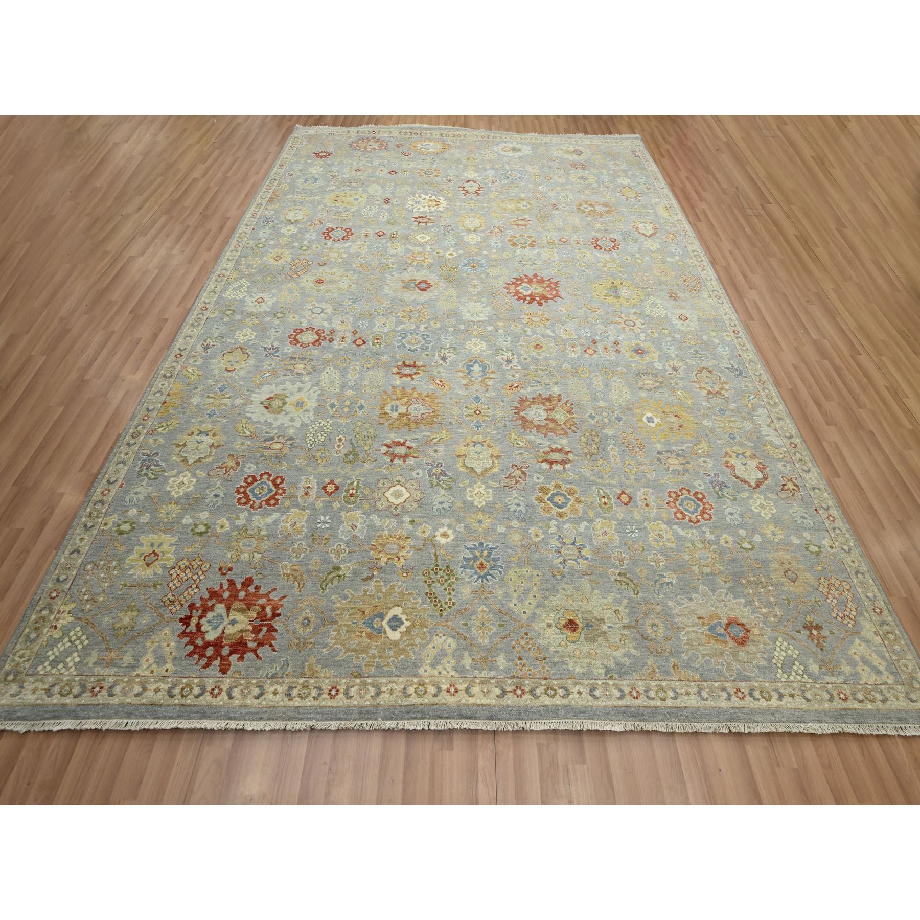 9'2"x12' Flint Gray, Agra with Ziegler Design, Geometric Leaf Pattern, Hand Knotted, 100% Wool, Natural Dyes, Oriental Rug Sh83198