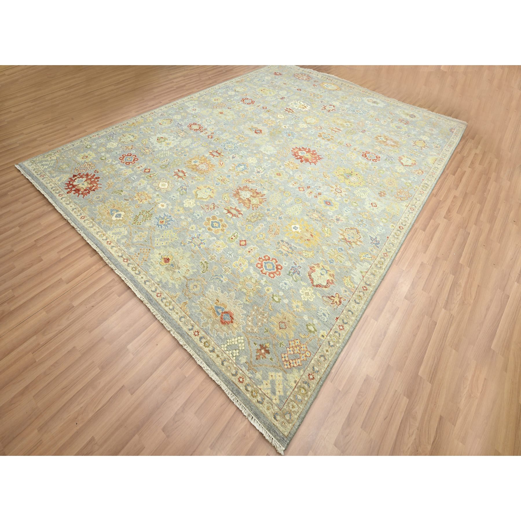 9'2"x12' Flint Gray, Agra with Ziegler Design, Geometric Leaf Pattern, Hand Knotted, 100% Wool, Natural Dyes, Oriental Rug Sh83198