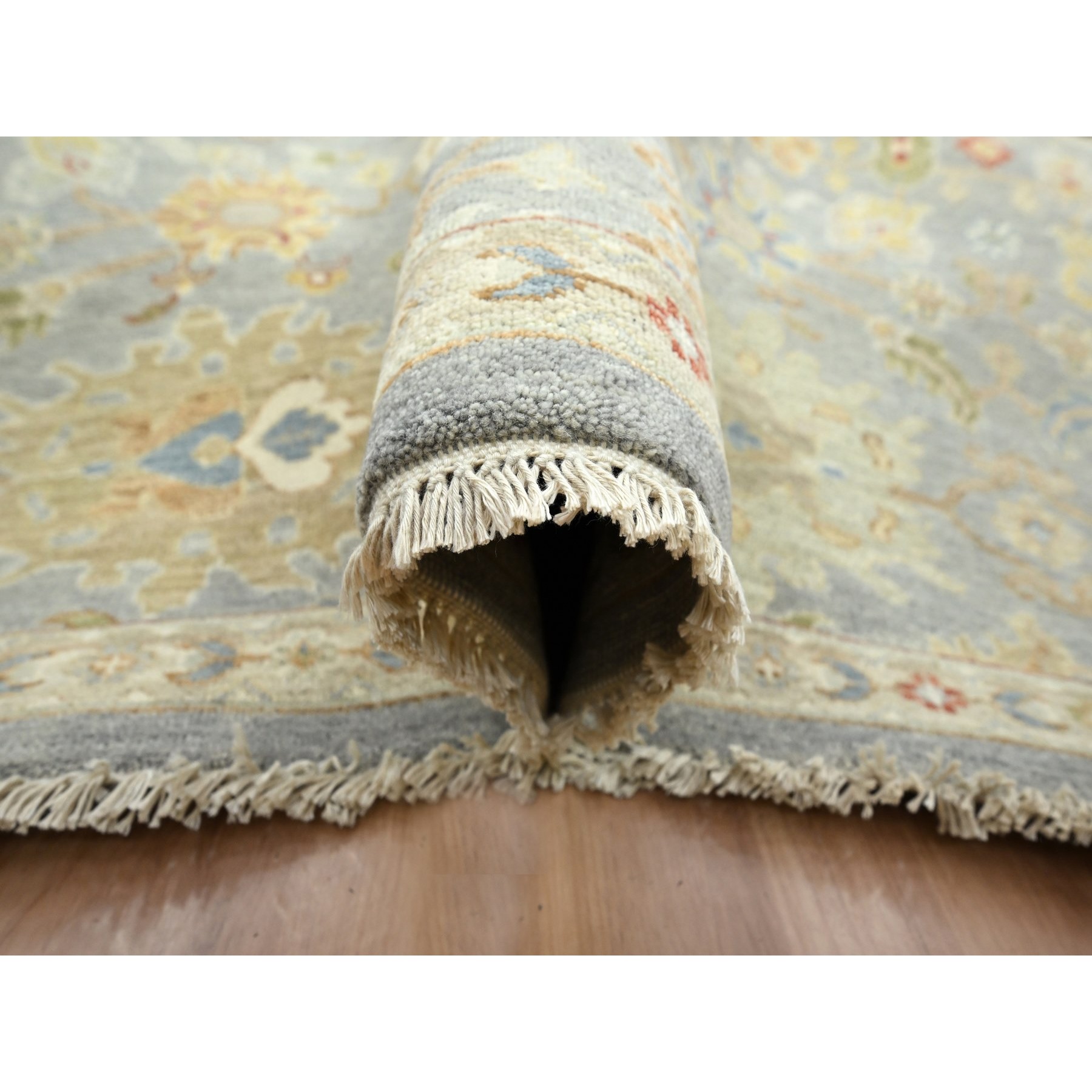 9'2"x12' Flint Gray, Agra with Ziegler Design, Geometric Leaf Pattern, Hand Knotted, 100% Wool, Natural Dyes, Oriental Rug Sh83198