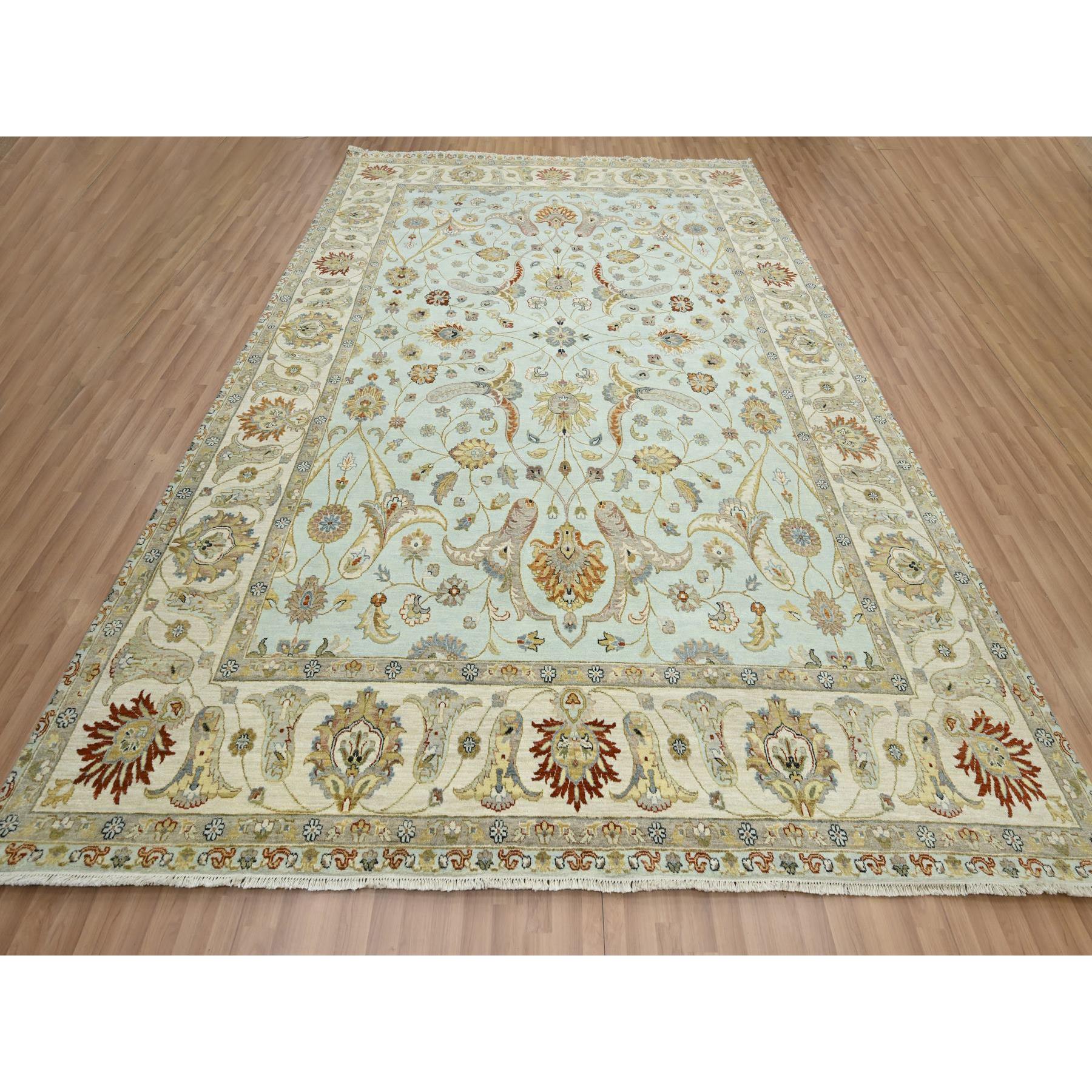 9'x12' Powder Blue, Pure Wool, Agra with Ziegler Design, Floral Motifs, Hand Knotted, Vegetable Dyes, Oriental Rug Sh83199