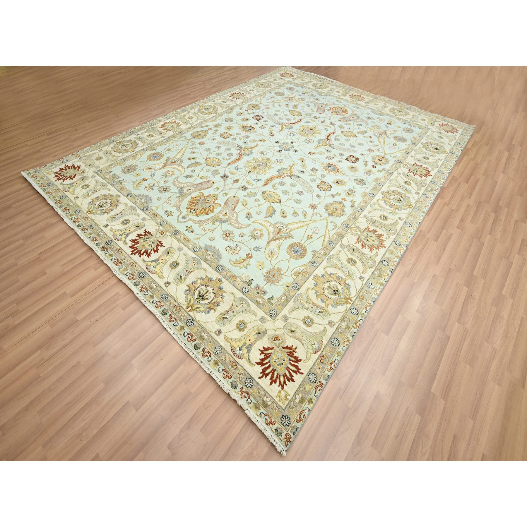9'x12' Powder Blue, Pure Wool, Agra with Ziegler Design, Floral Motifs, Hand Knotted, Vegetable Dyes, Oriental Rug Sh83199