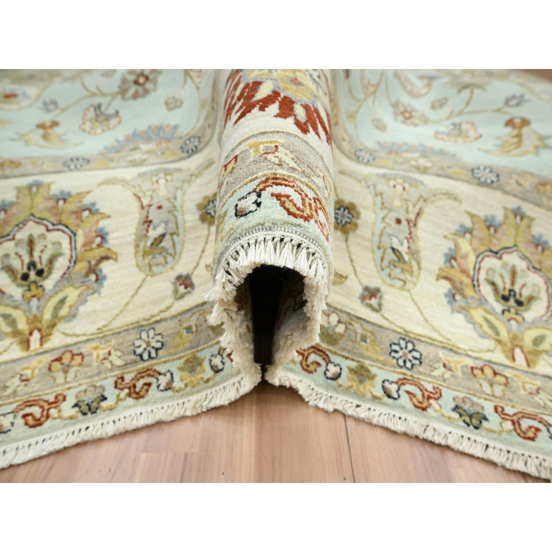 9'x12' Powder Blue, Pure Wool, Agra with Ziegler Design, Floral Motifs, Hand Knotted, Vegetable Dyes, Oriental Rug Sh83199