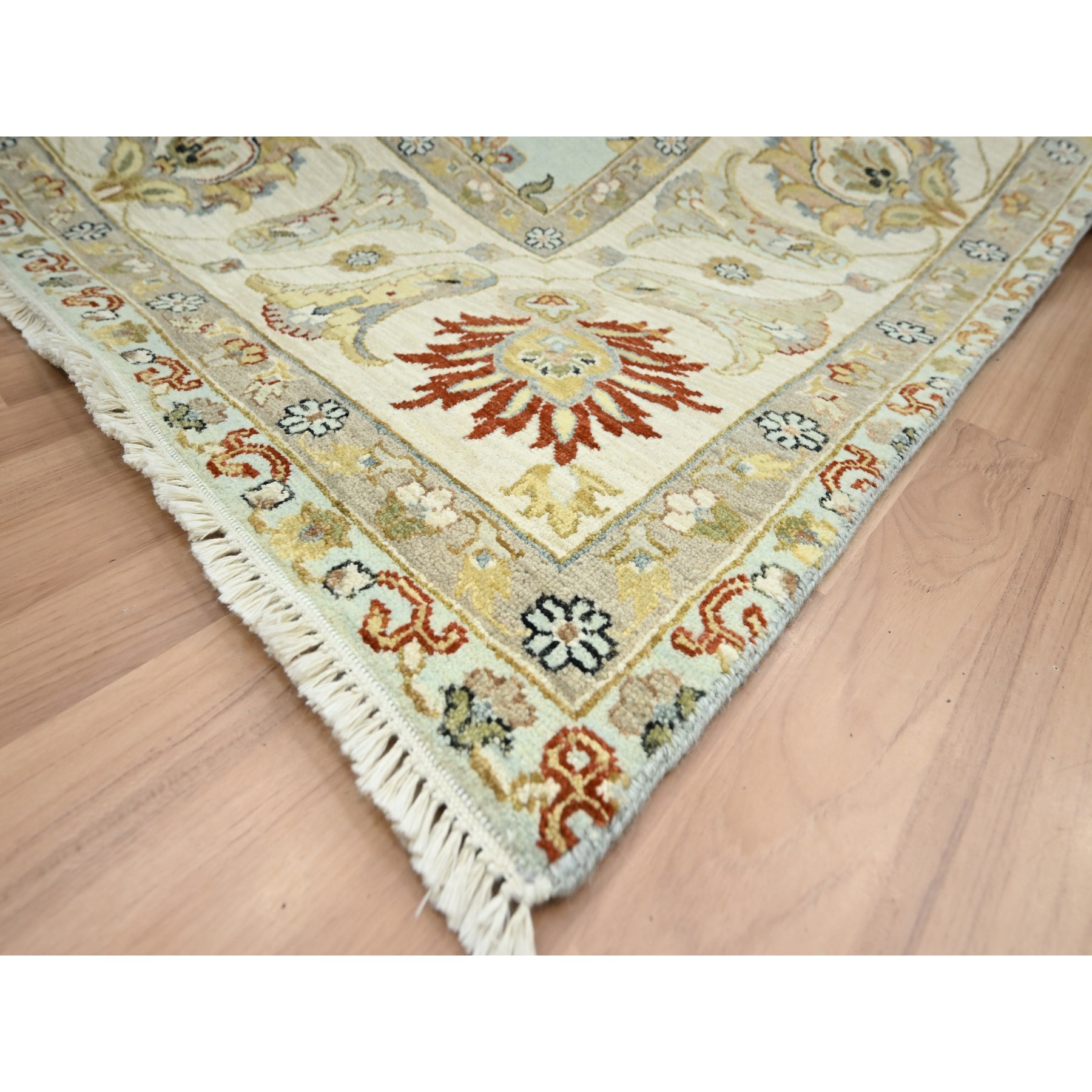 9'x12' Powder Blue, Pure Wool, Agra with Ziegler Design, Floral Motifs, Hand Knotted, Vegetable Dyes, Oriental Rug Sh83199