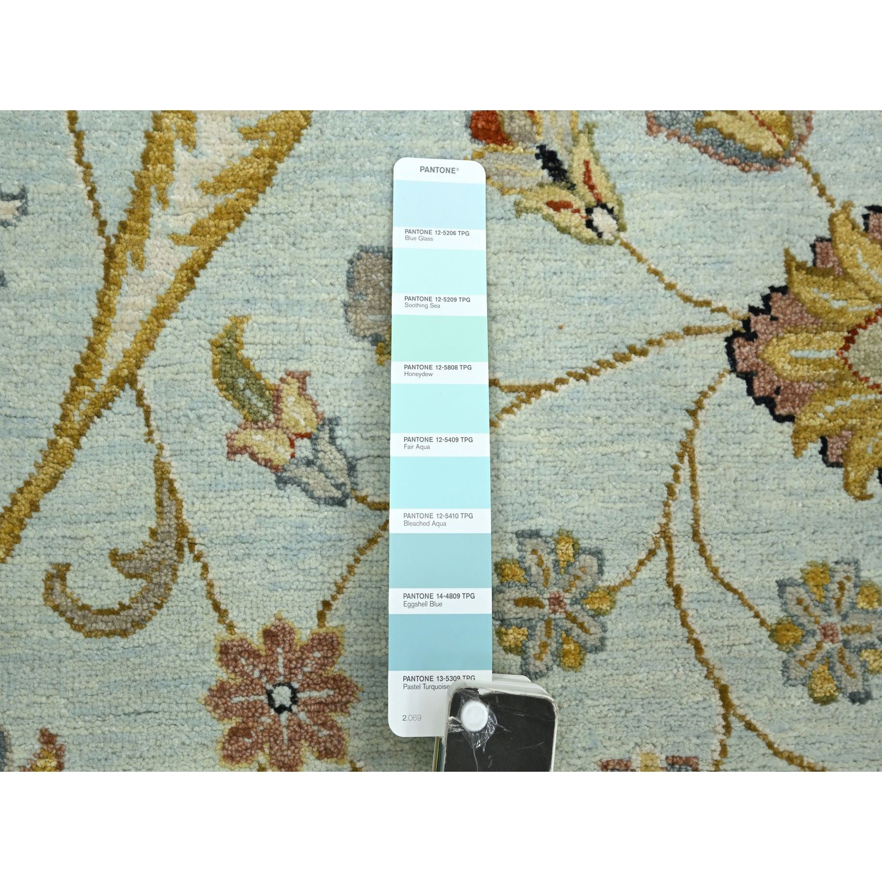 9'x12' Powder Blue, Pure Wool, Agra with Ziegler Design, Floral Motifs, Hand Knotted, Vegetable Dyes, Oriental Rug Sh83199