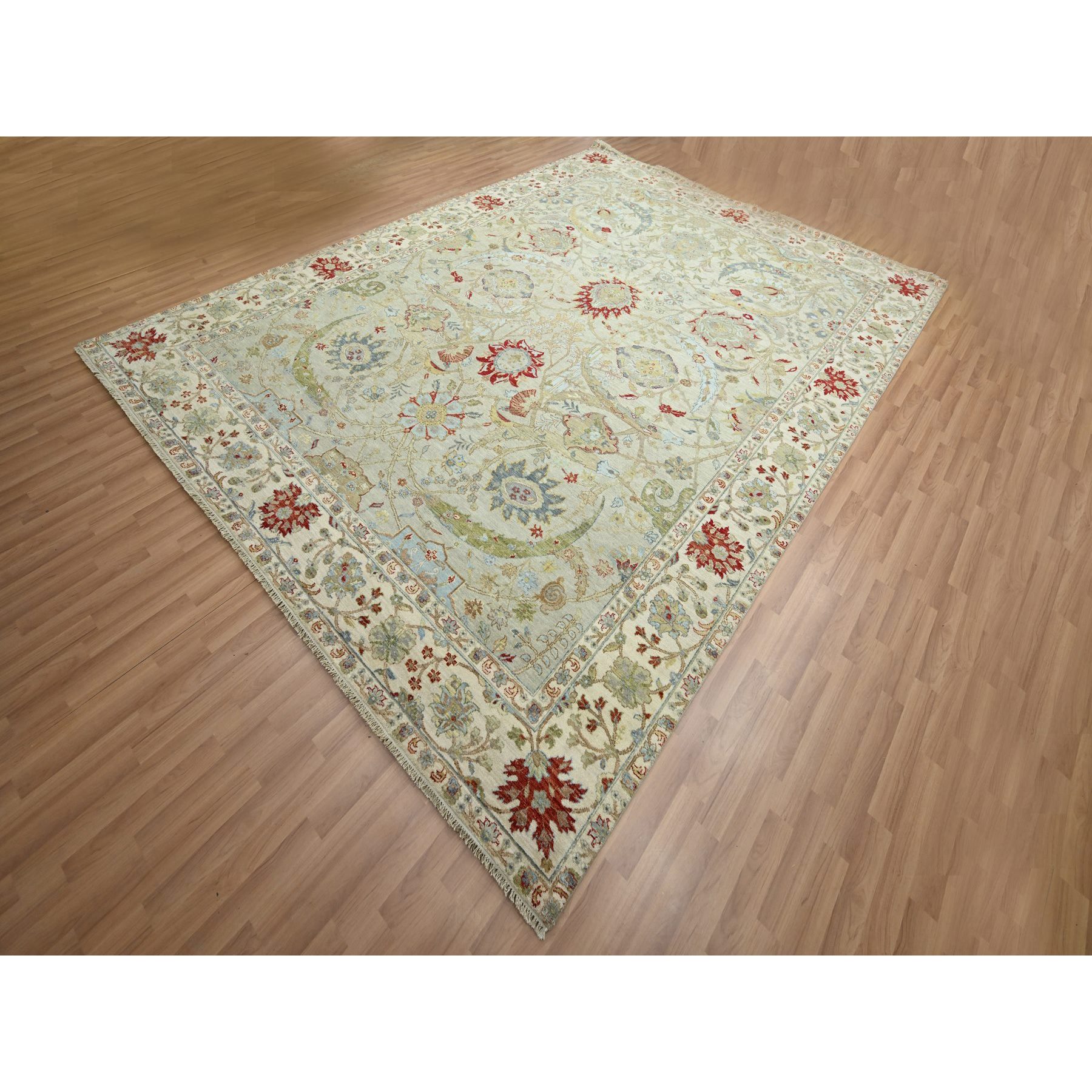 9'1"x12'3" Pelican Gray, Sickle Leaf Design, Vegetable Dyes, Hand Knotted, Pure Wool, Oriental Rug Sh83200
