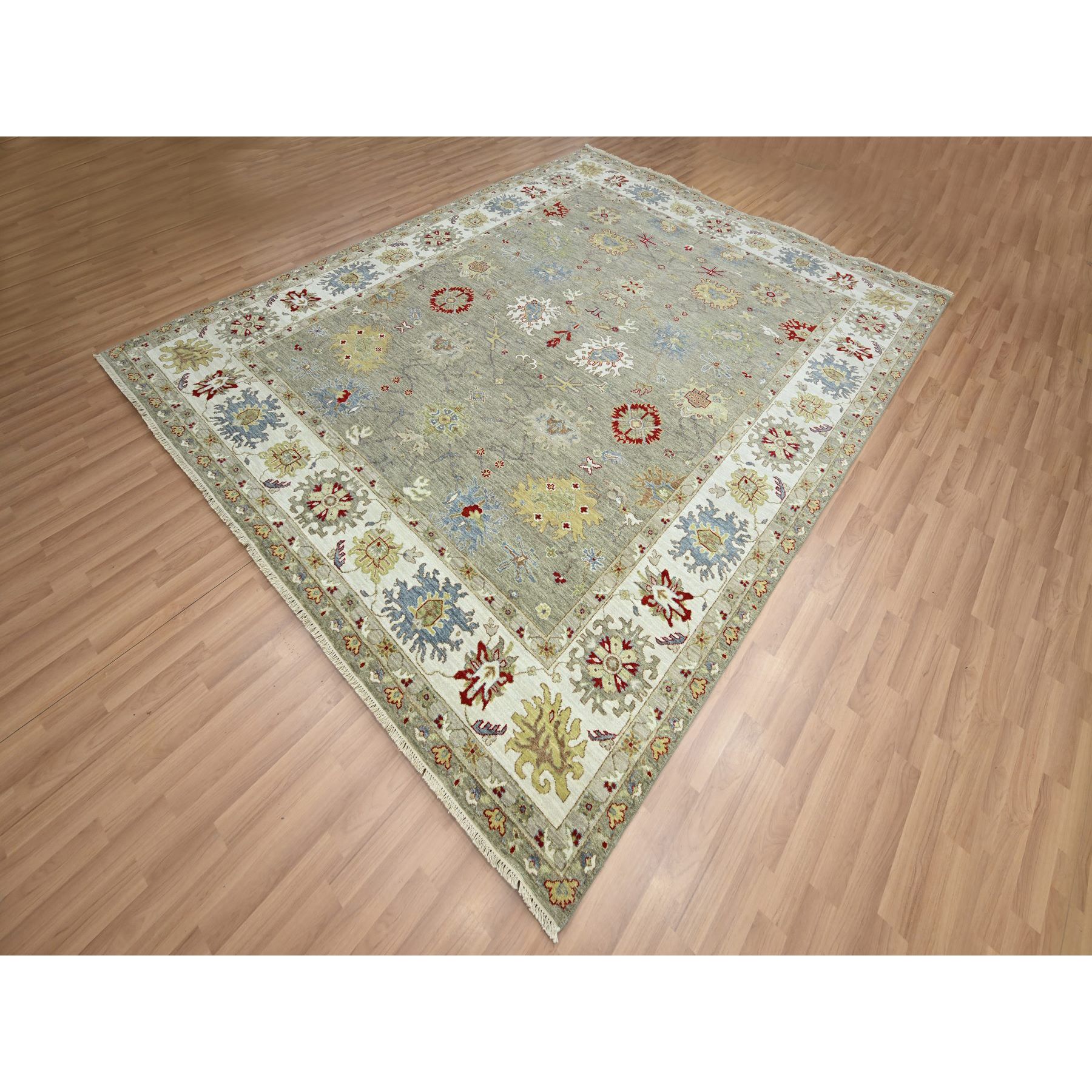 8'1"x10'1" Stone Gray, Agra with Ziegler Design, Leaf Motifs, Hand Knotted, 100% Wool, Veggie Dyes, Oriental Rug Sh83202