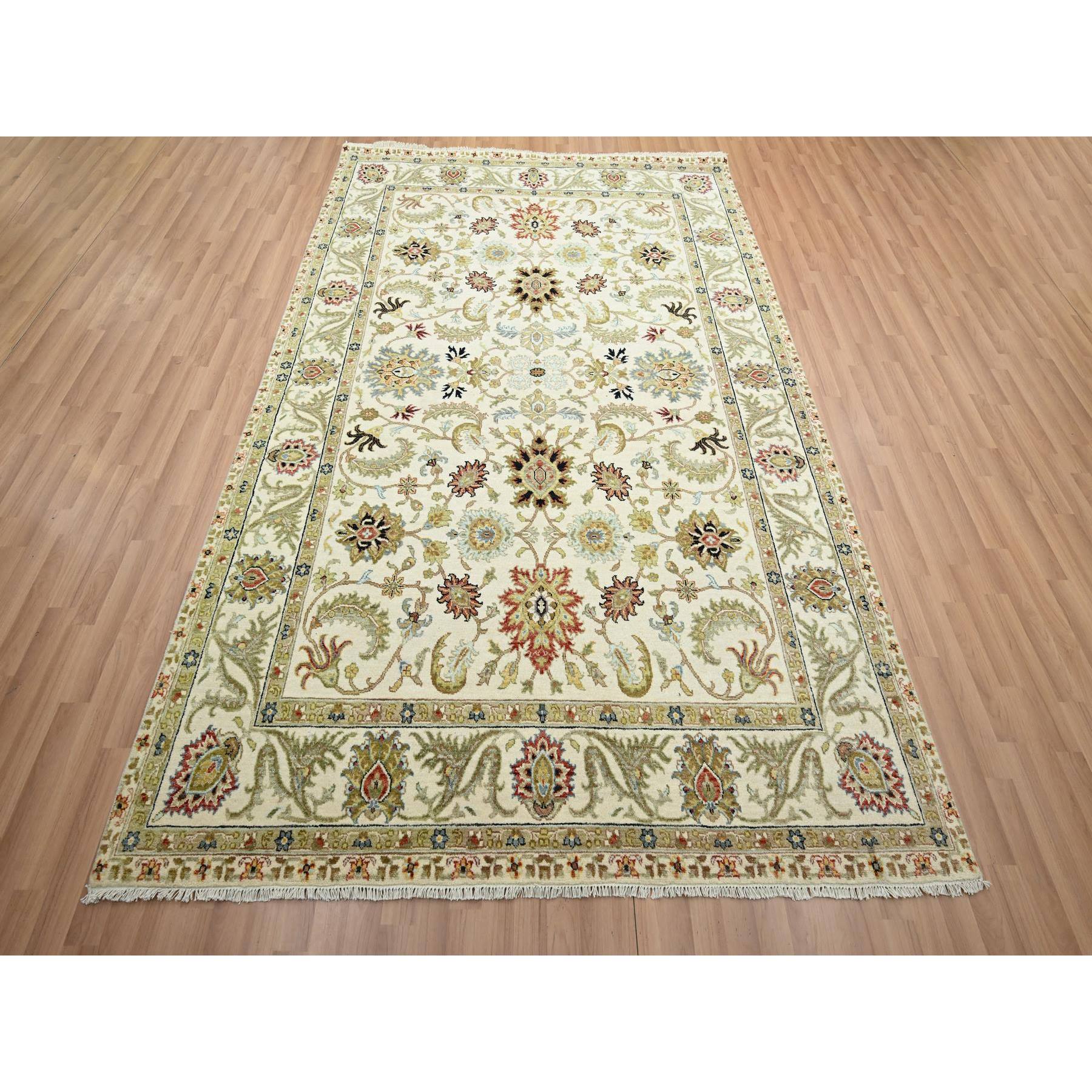 6'1"x9'3" Chiffon White, Agra with Ziegler Design, Floral Motifs, Pure Wool, Hand Knotted, Vegetable Dyes, Oriental Rug Sh83205