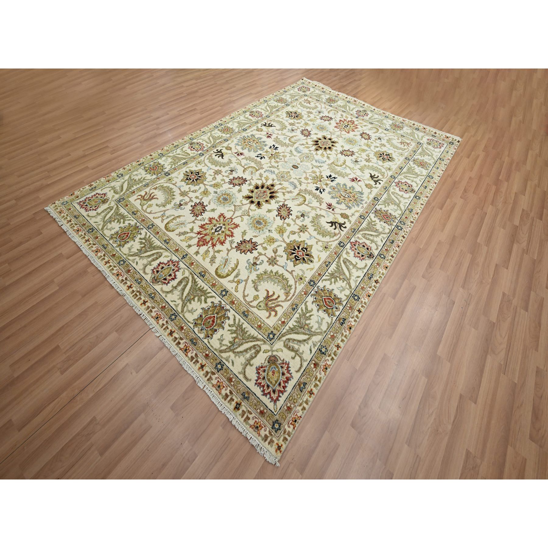6'1"x9'3" Chiffon White, Agra with Ziegler Design, Floral Motifs, Pure Wool, Hand Knotted, Vegetable Dyes, Oriental Rug Sh83205
