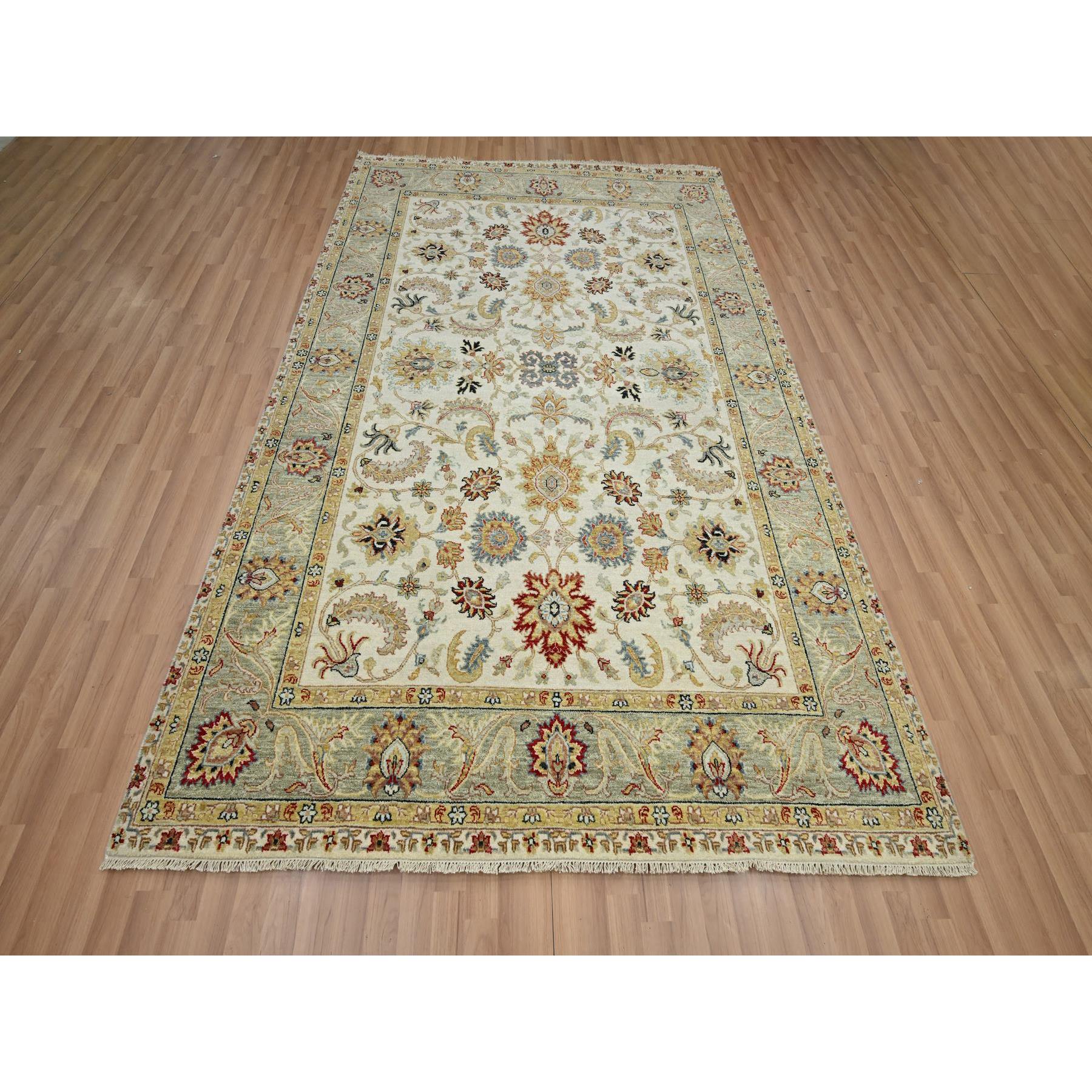 6'2"x9'2" Winter White, Agra with Ziegler Design, Colorful Leaf Pattern, Hand Knotted, Vegetable Dyes, Pure Wool, Oriental Rug Sh83206