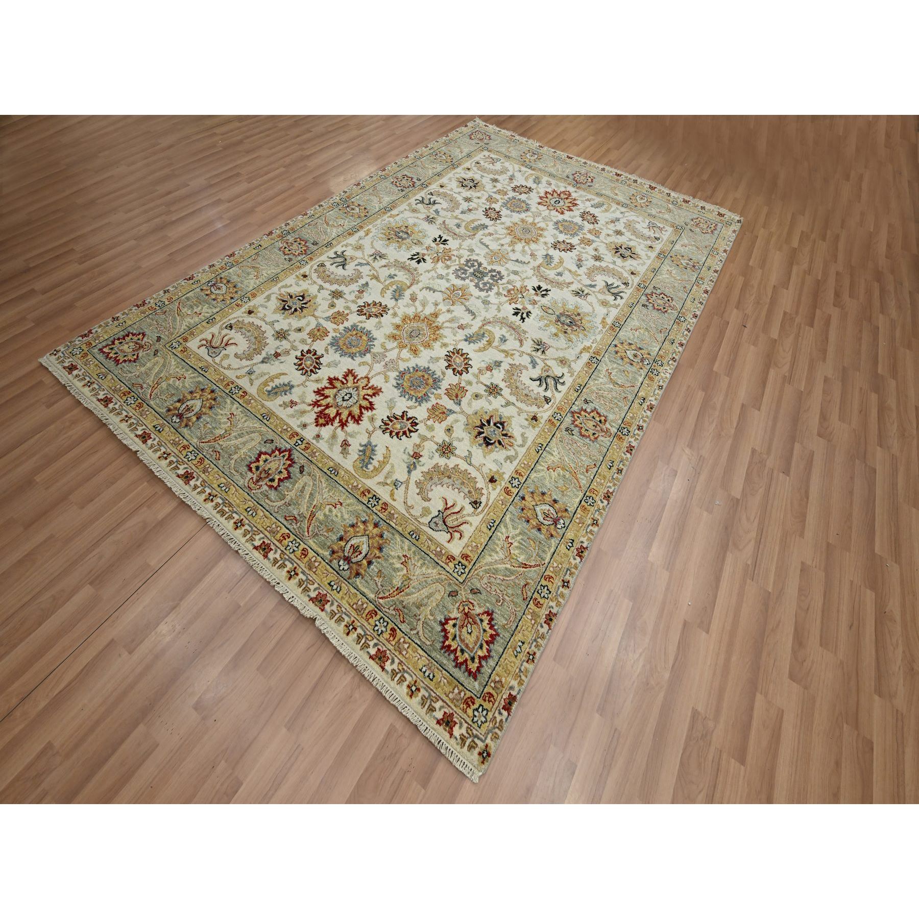 6'2"x9'2" Winter White, Agra with Ziegler Design, Colorful Leaf Pattern, Hand Knotted, Vegetable Dyes, Pure Wool, Oriental Rug Sh83206