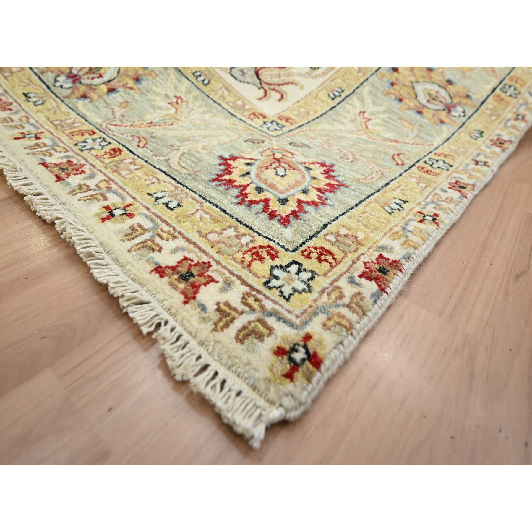 6'2"x9'2" Winter White, Agra with Ziegler Design, Colorful Leaf Pattern, Hand Knotted, Vegetable Dyes, Pure Wool, Oriental Rug Sh83206