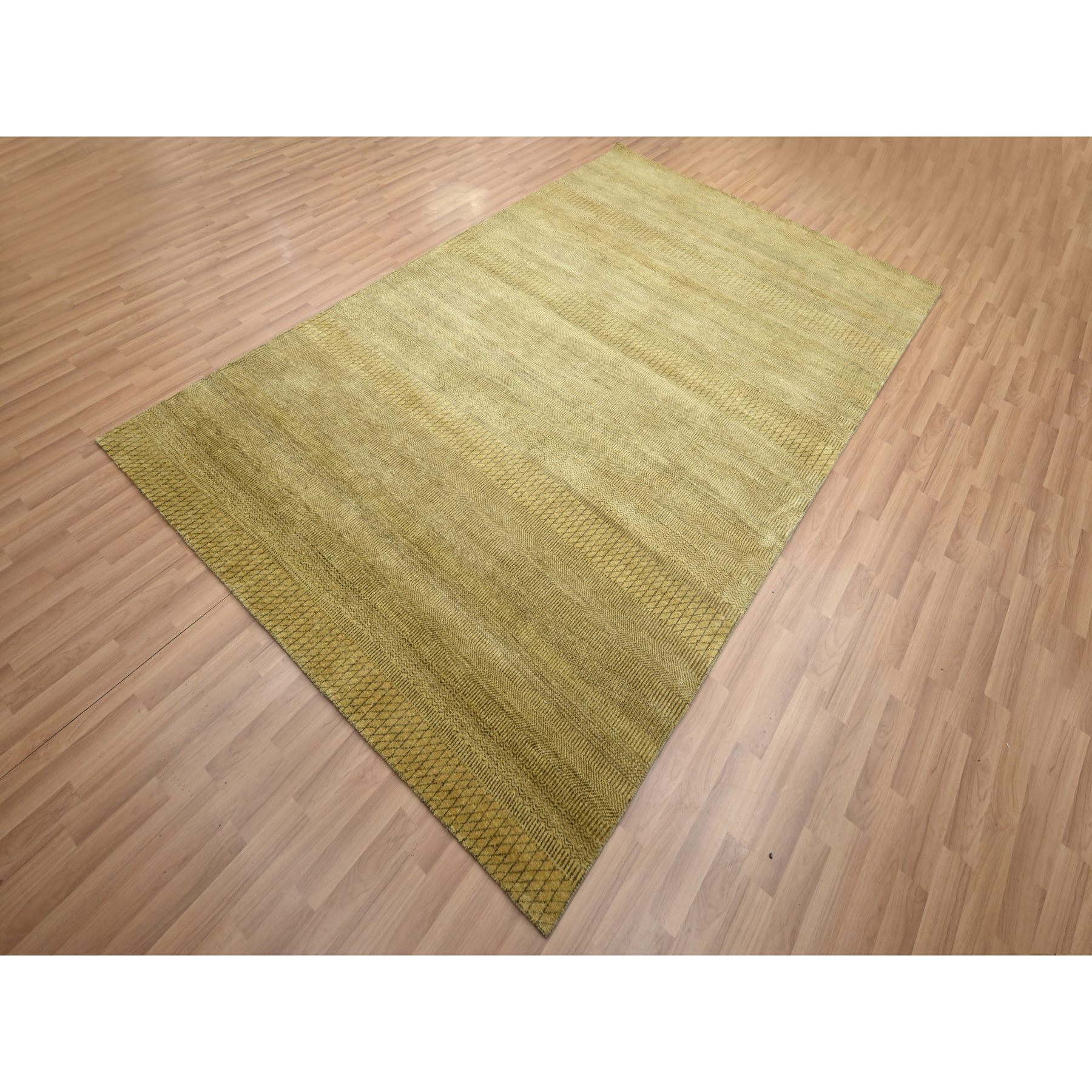 6'1"x9'6" Peanut Brown, Modern Grass Design, Hand Knotted, Borderless, Denser Weave, Wool and Silk, Lush and Plush, Oriental Rug Sh83213