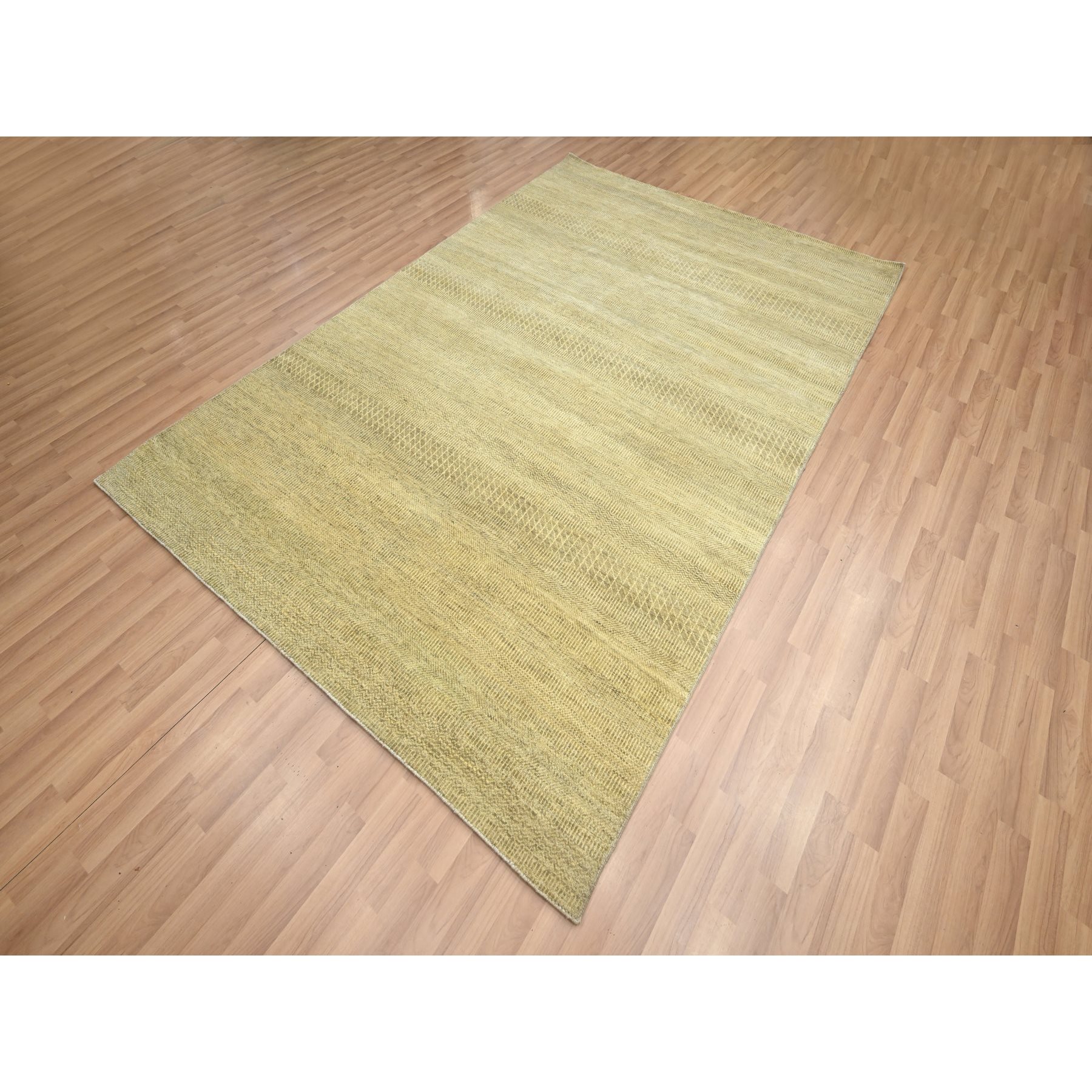 6'x9' Ecru Brown, Denser Weave, Modern Grass Design, Hand Knotted, Borderless, Wool and Silk, Lush and Plush, Oriental Rug Sh83214