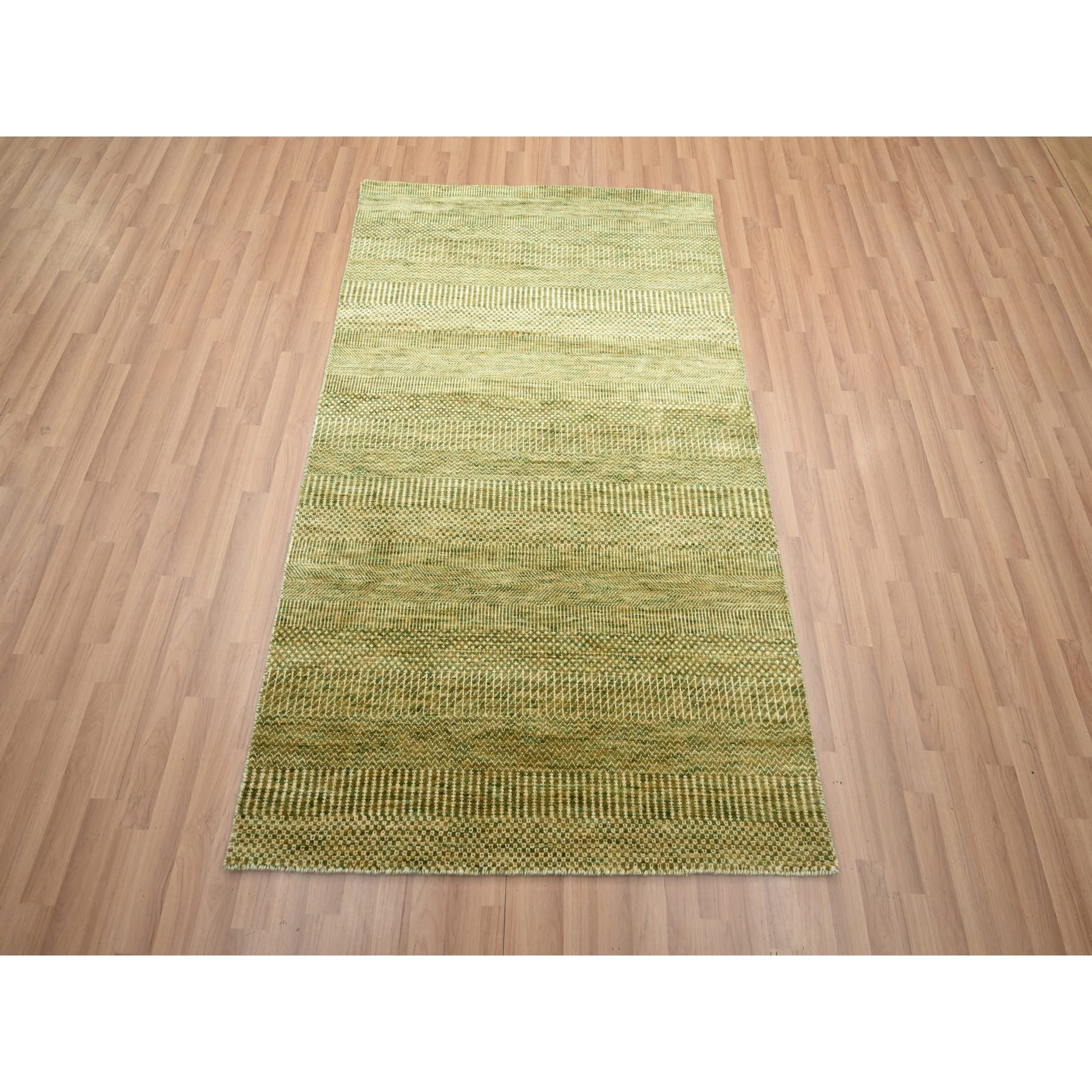 4'x6'1" Amber Green, Wool and Silk, Modern Grass Design, Hand Knotted, Soft Pile, Denser Weave, Tone on Tone, Oriental Rug Sh83217