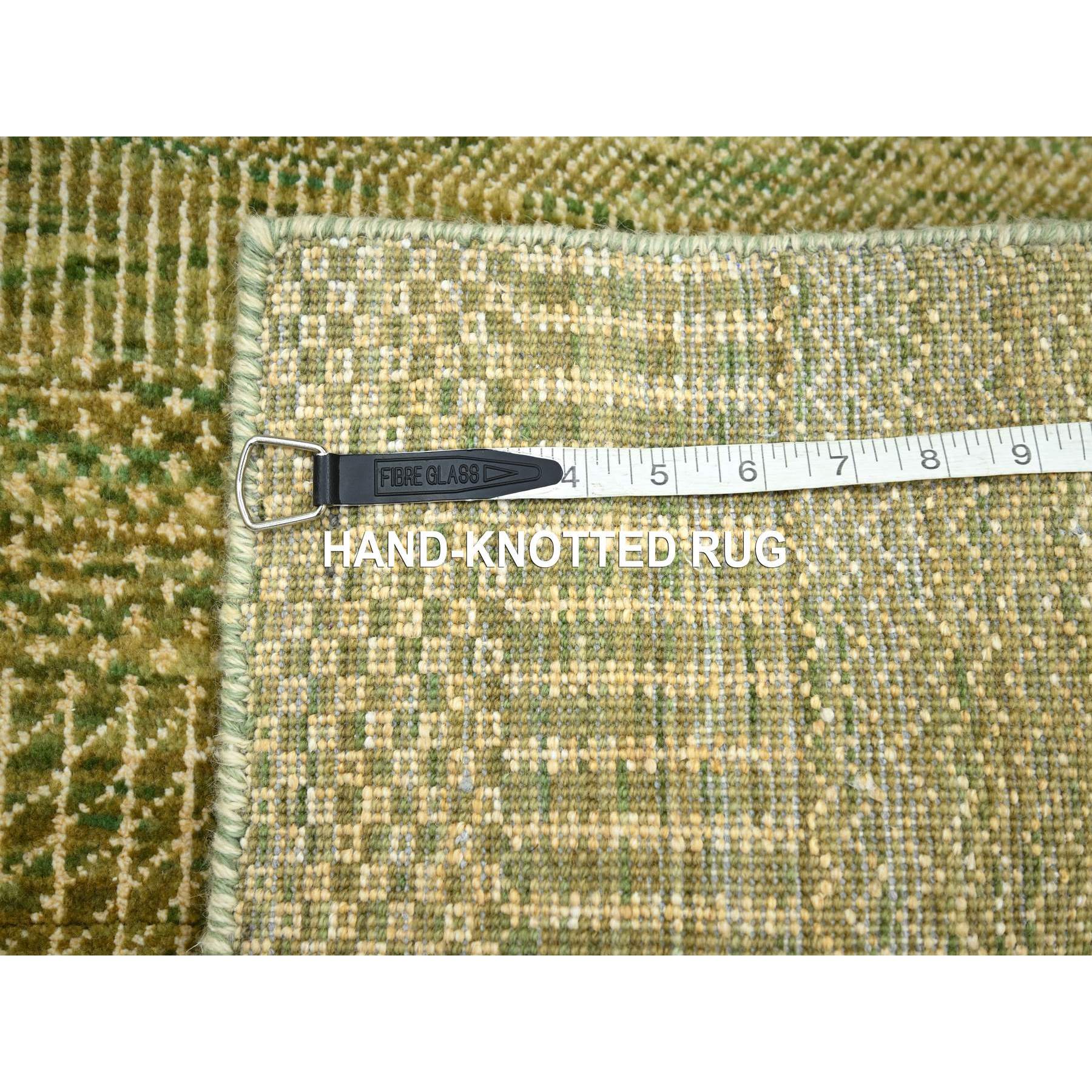 4'x6'1" Amber Green, Wool and Silk, Modern Grass Design, Hand Knotted, Soft Pile, Denser Weave, Tone on Tone, Oriental Rug Sh83217