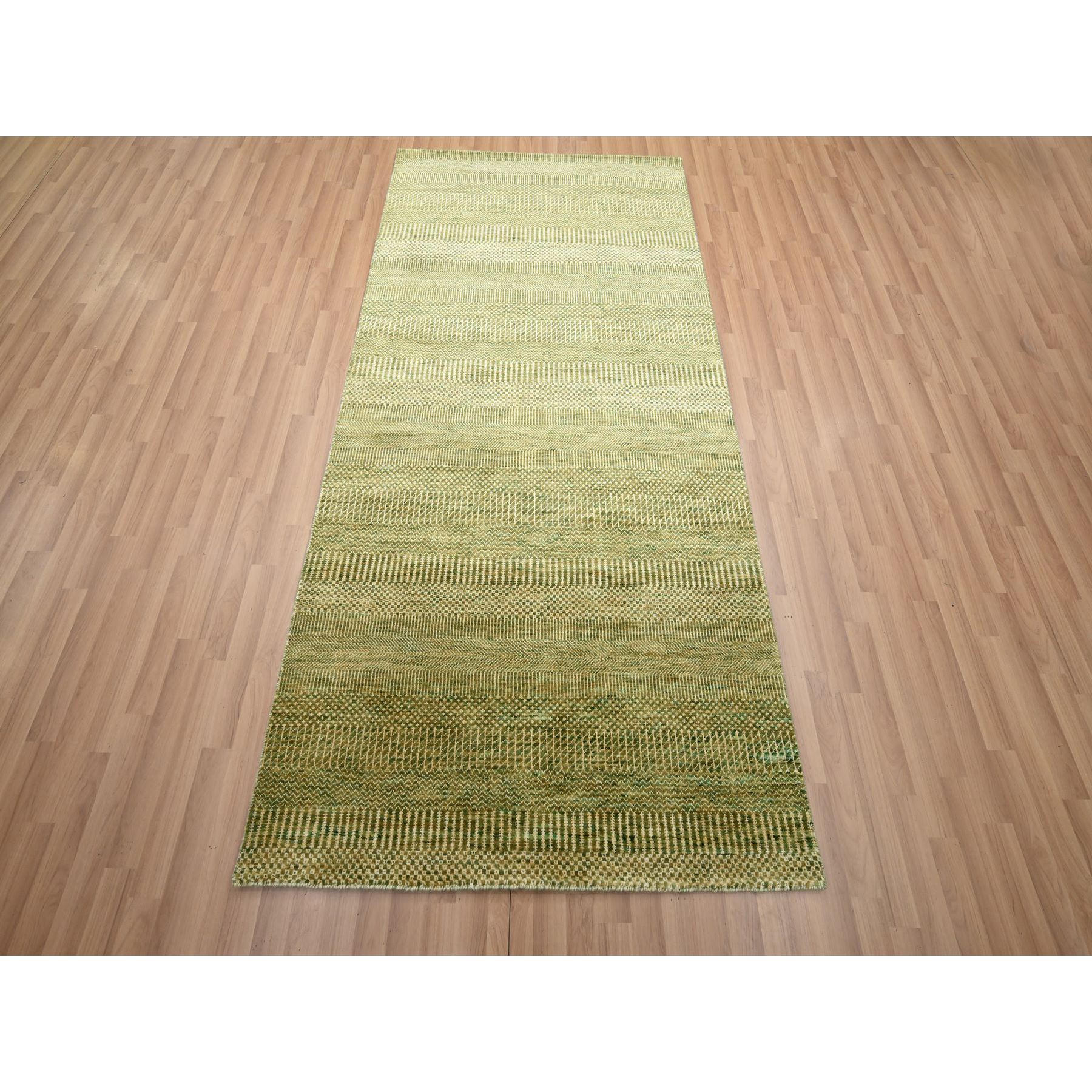 4'x8' Ecru Olive Brown, Modern Grass Design, Hand Knotted, Denser Weave, Wool and Silk, Lush and Plush, Wide Runner, Oriental Rug Sh83218