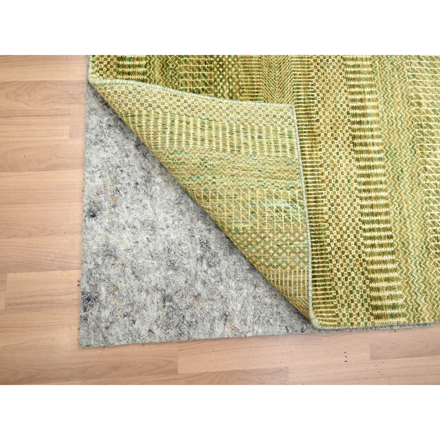 4'x8' Ecru Olive Brown, Modern Grass Design, Hand Knotted, Denser Weave, Wool and Silk, Lush and Plush, Wide Runner, Oriental Rug Sh83218