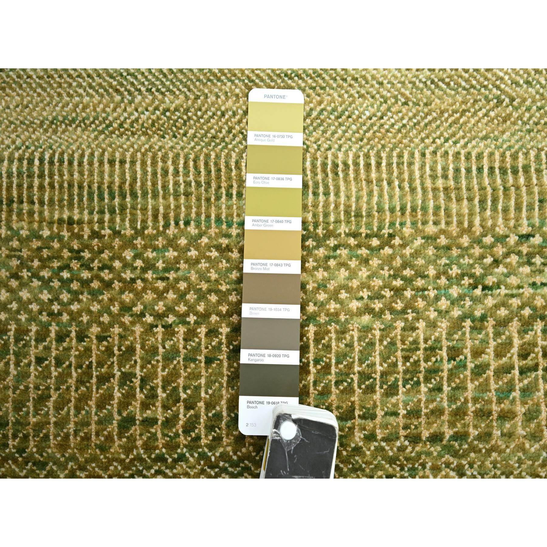 4'x8' Ecru Olive Brown, Modern Grass Design, Hand Knotted, Denser Weave, Wool and Silk, Lush and Plush, Wide Runner, Oriental Rug Sh83218