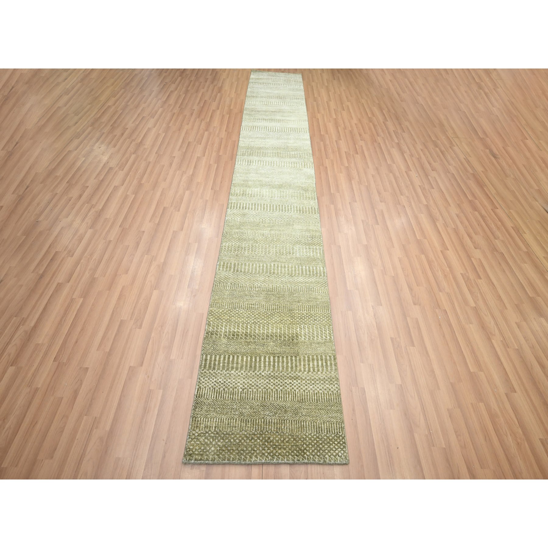 2'5"x13'6" Olive Gray, Denser Weave, Modern Grass Design, Hand Knotted, Wool and Silk, Lush and Plush, Runner, Oriental Rug Sh83220