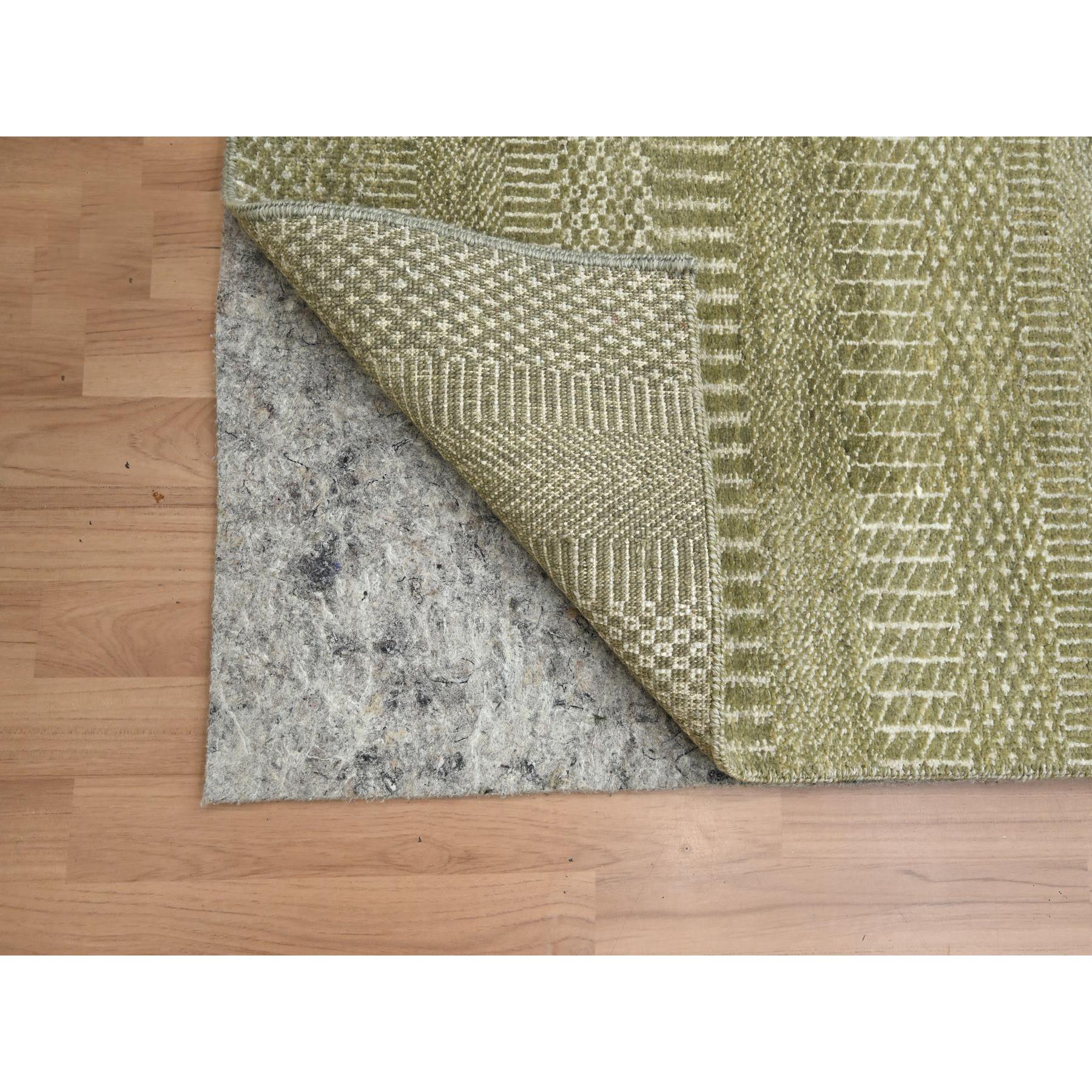 2'5"x13'6" Olive Gray, Denser Weave, Modern Grass Design, Hand Knotted, Wool and Silk, Lush and Plush, Runner, Oriental Rug Sh83220