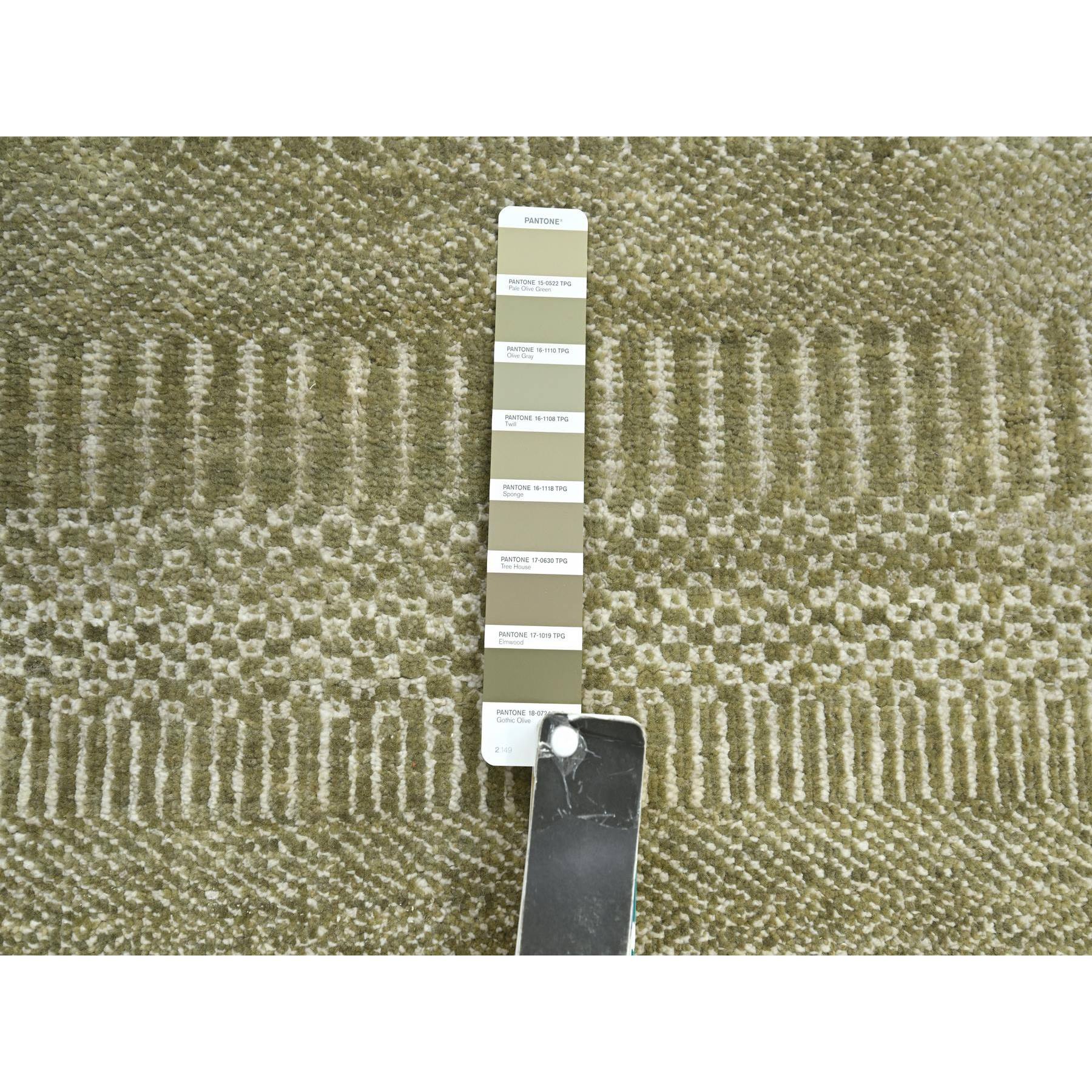2'5"x13'6" Olive Gray, Denser Weave, Modern Grass Design, Hand Knotted, Wool and Silk, Lush and Plush, Runner, Oriental Rug Sh83220