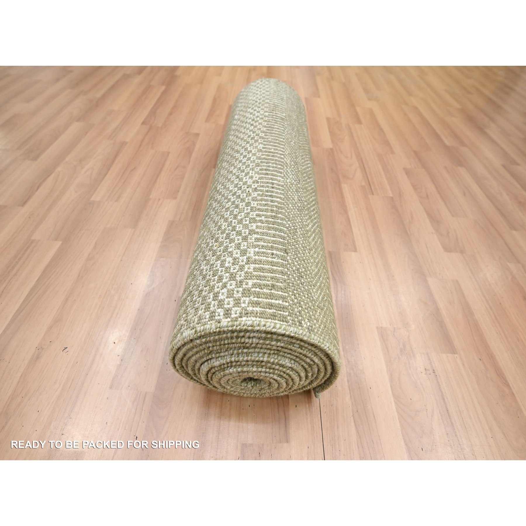 2'5"x13'6" Olive Gray, Denser Weave, Modern Grass Design, Hand Knotted, Wool and Silk, Lush and Plush, Runner, Oriental Rug Sh83220