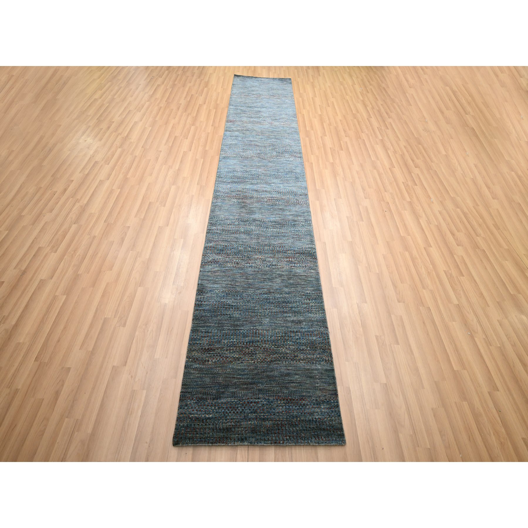 2'7"x12'2" Denim Blue, Modern Grass Design, Hand Knotted, Denser Weave, Wool and Silk, Lush and Plush, Runner, Oriental Rug Sh83221
