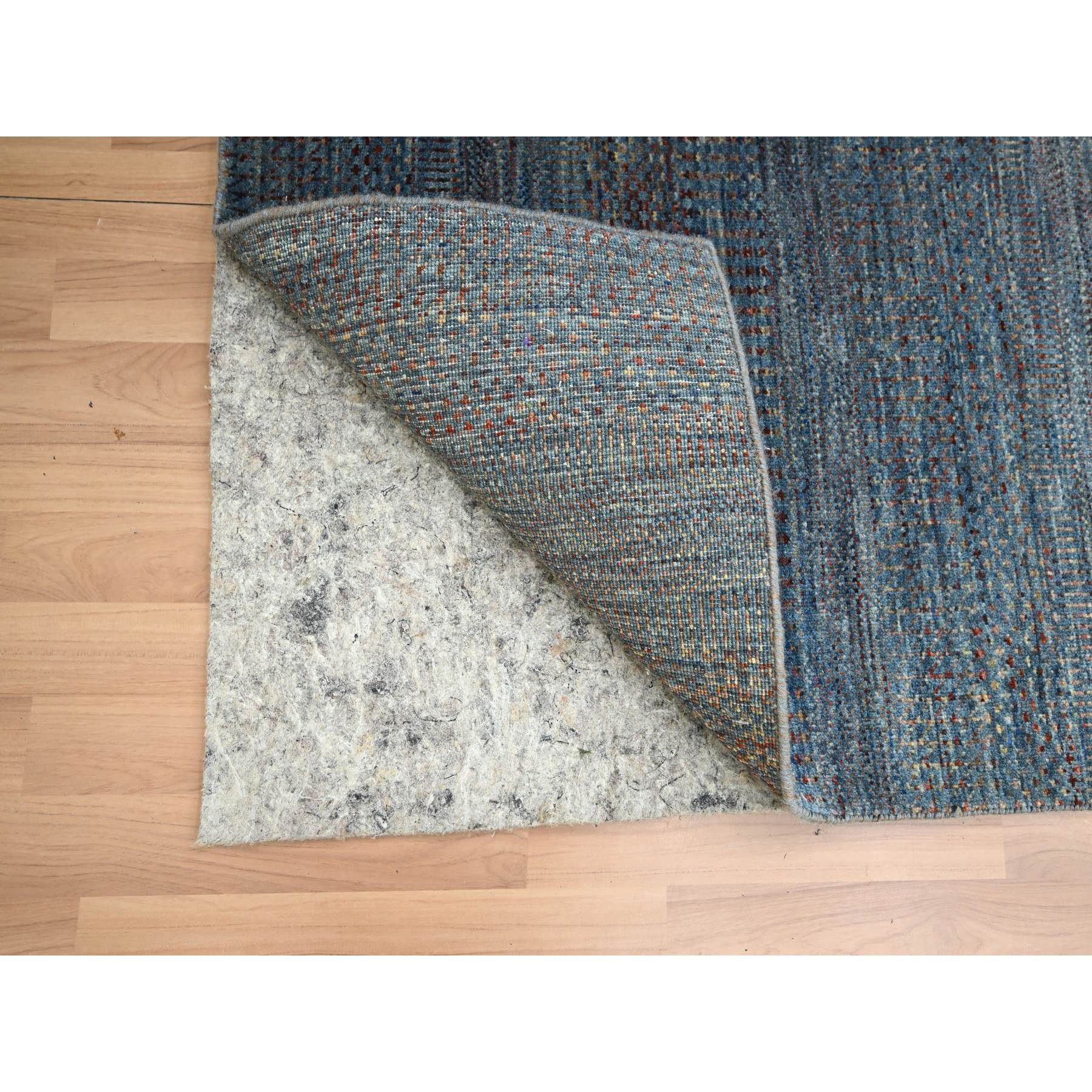 2'7"x12'2" Denim Blue, Modern Grass Design, Hand Knotted, Denser Weave, Wool and Silk, Lush and Plush, Runner, Oriental Rug Sh83221