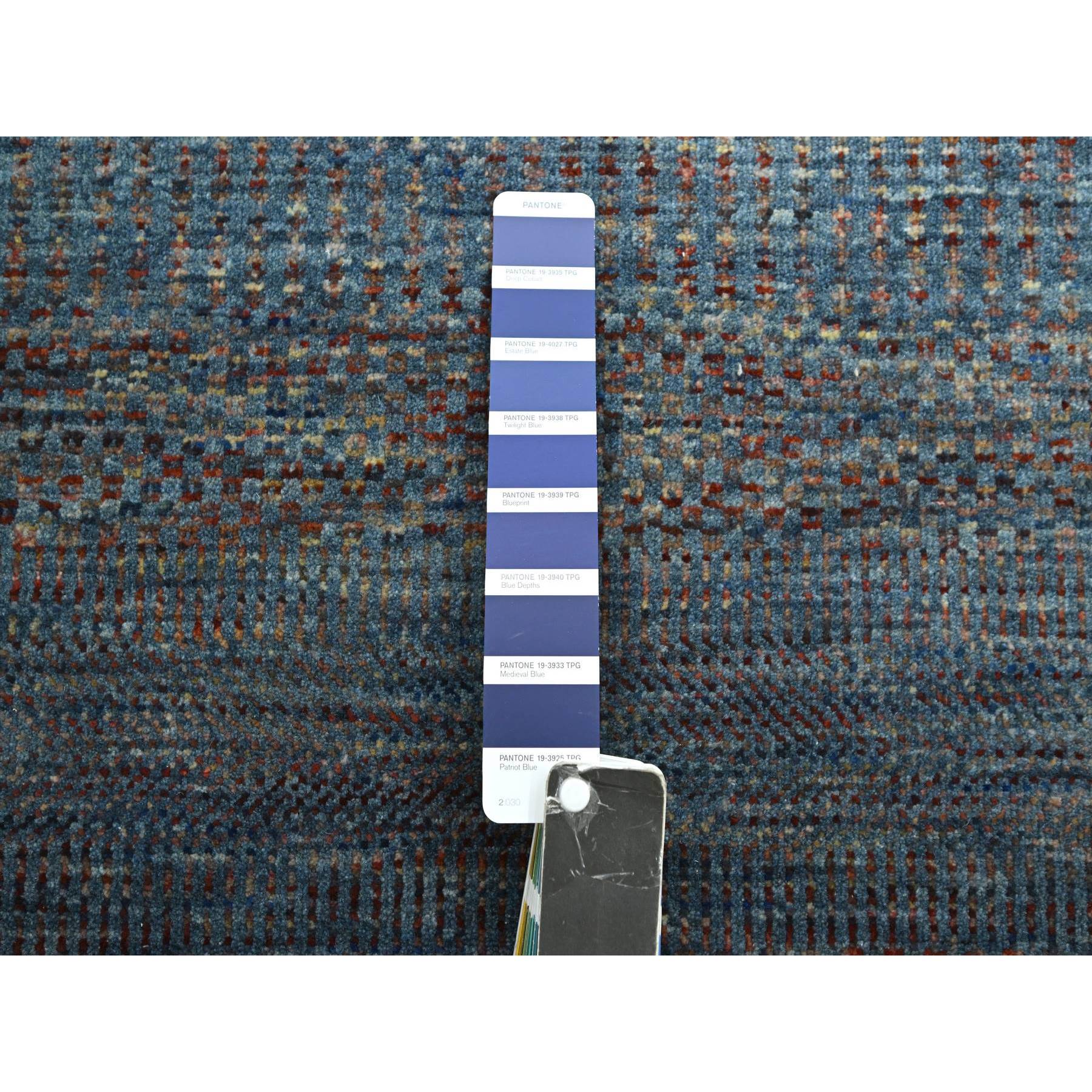 2'7"x12'2" Denim Blue, Modern Grass Design, Hand Knotted, Denser Weave, Wool and Silk, Lush and Plush, Runner, Oriental Rug Sh83221
