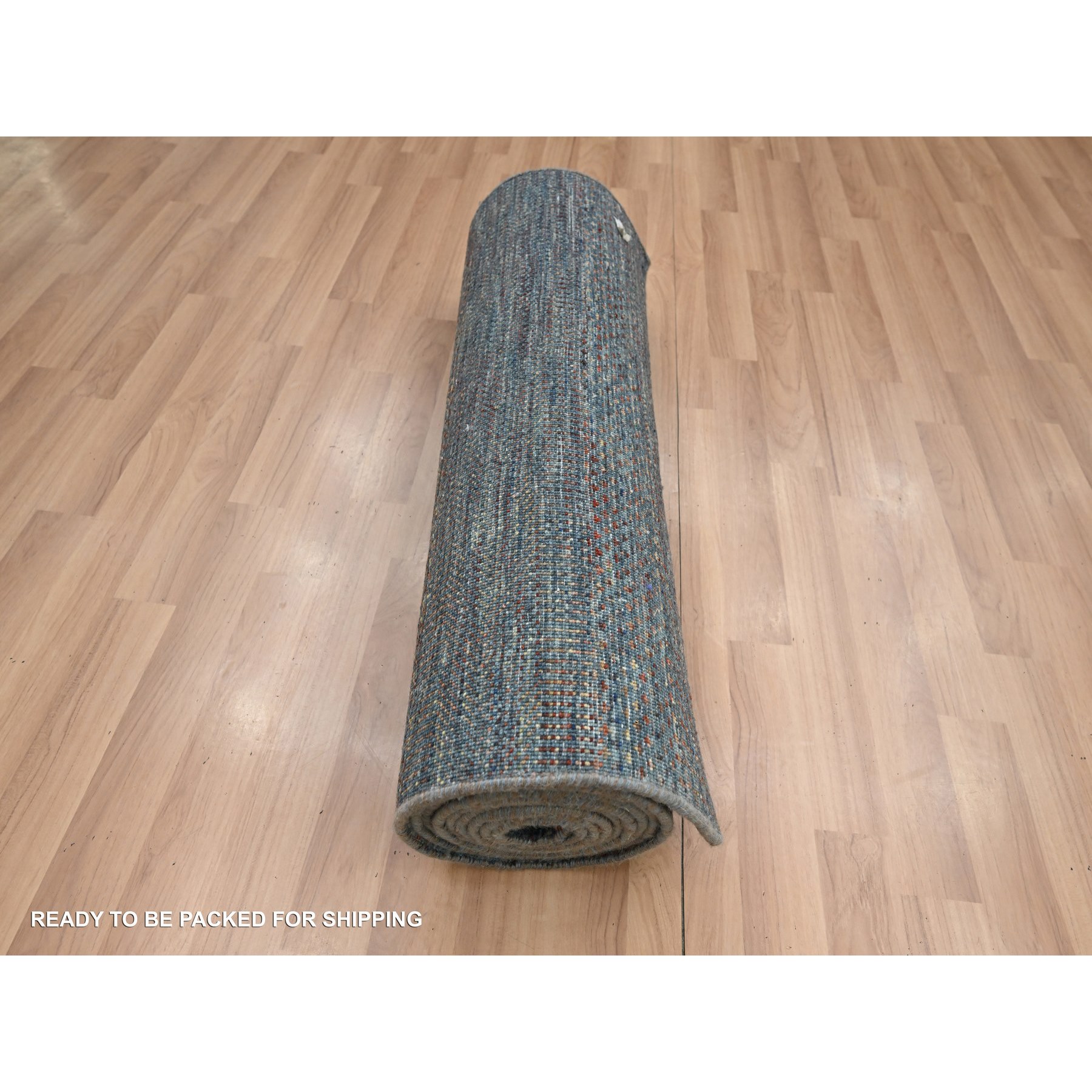 2'7"x12'2" Denim Blue, Modern Grass Design, Hand Knotted, Denser Weave, Wool and Silk, Lush and Plush, Runner, Oriental Rug Sh83221
