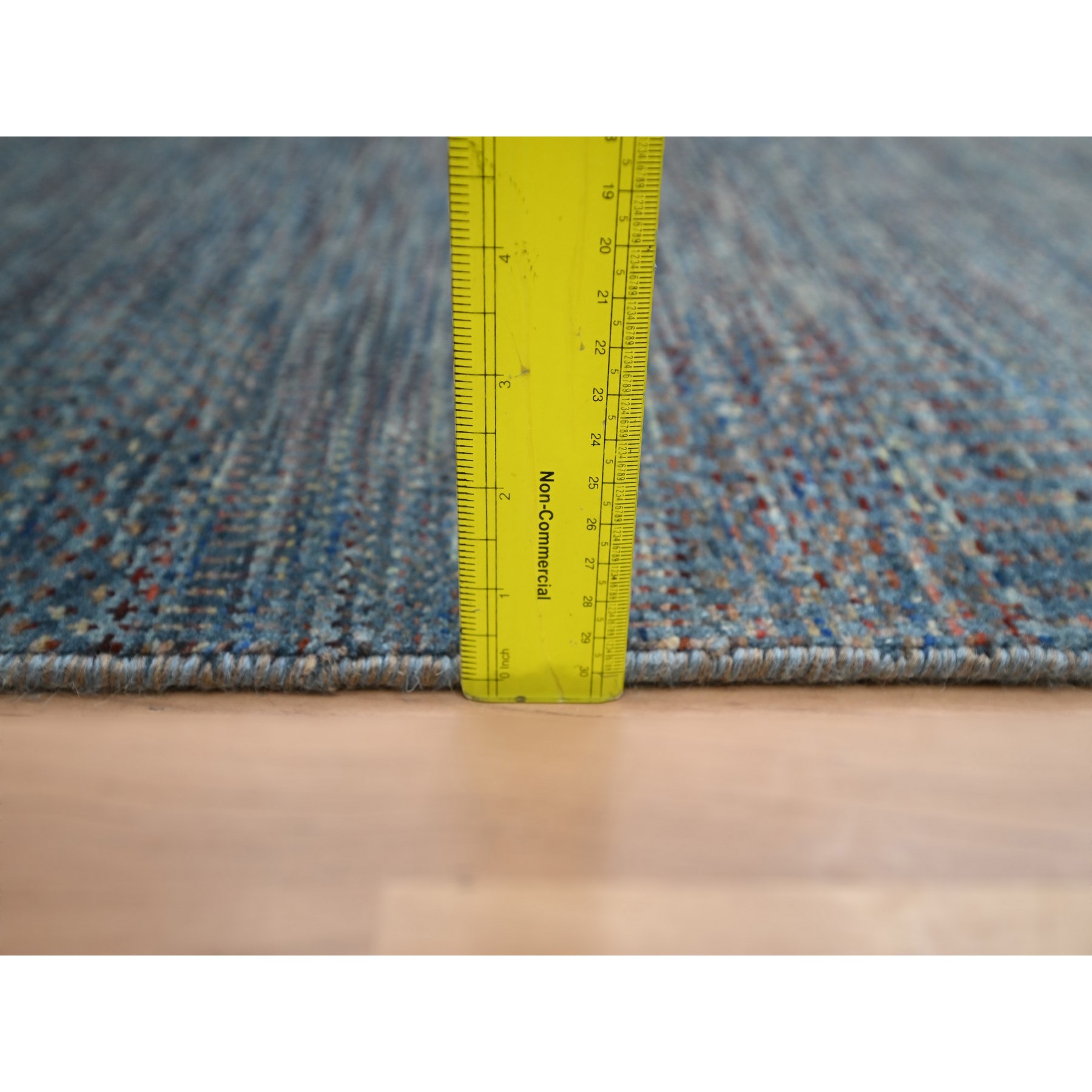 2'7"x12'2" Denim Blue, Modern Grass Design, Hand Knotted, Denser Weave, Wool and Silk, Lush and Plush, Runner, Oriental Rug Sh83221