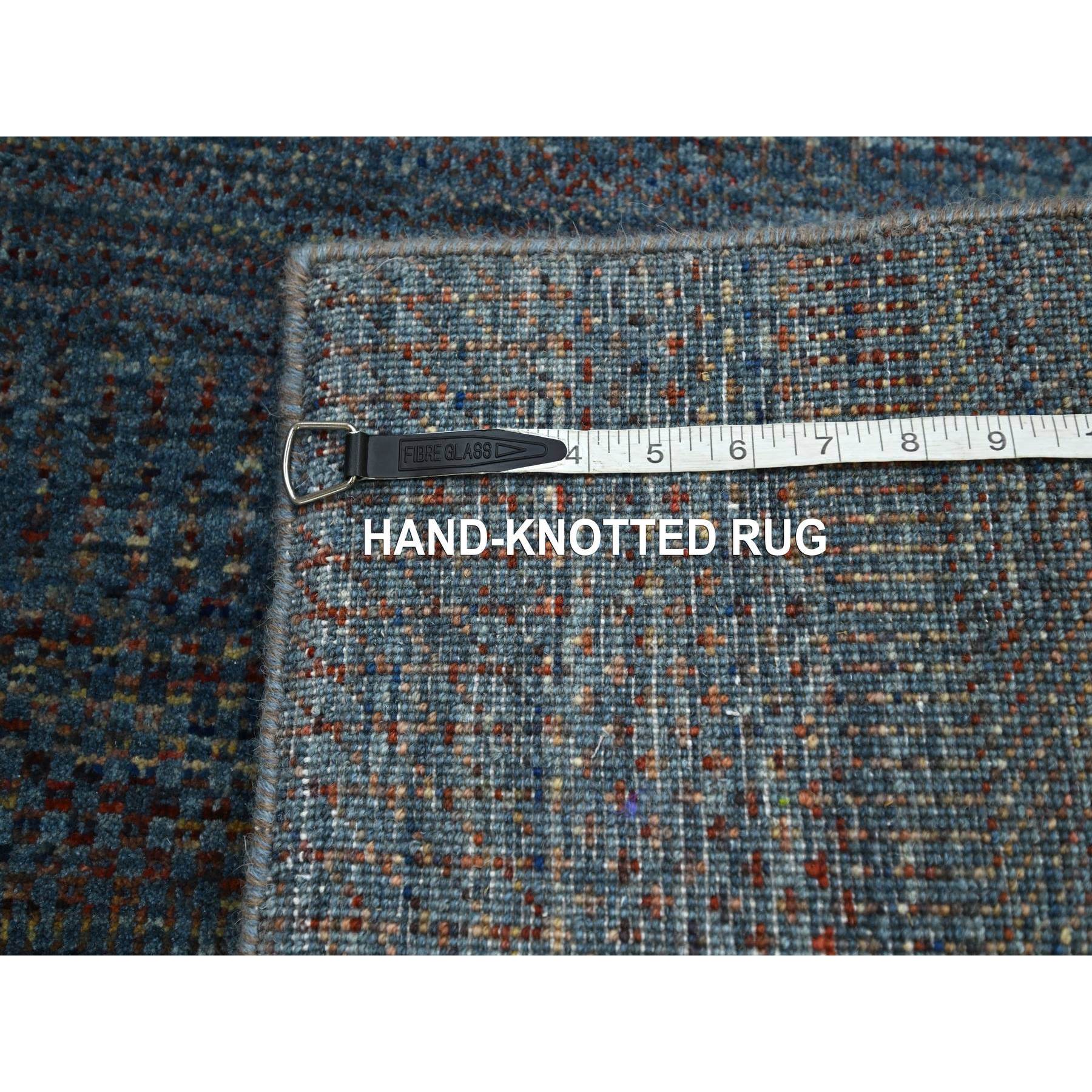 2'7"x12'2" Denim Blue, Modern Grass Design, Hand Knotted, Denser Weave, Wool and Silk, Lush and Plush, Runner, Oriental Rug Sh83221