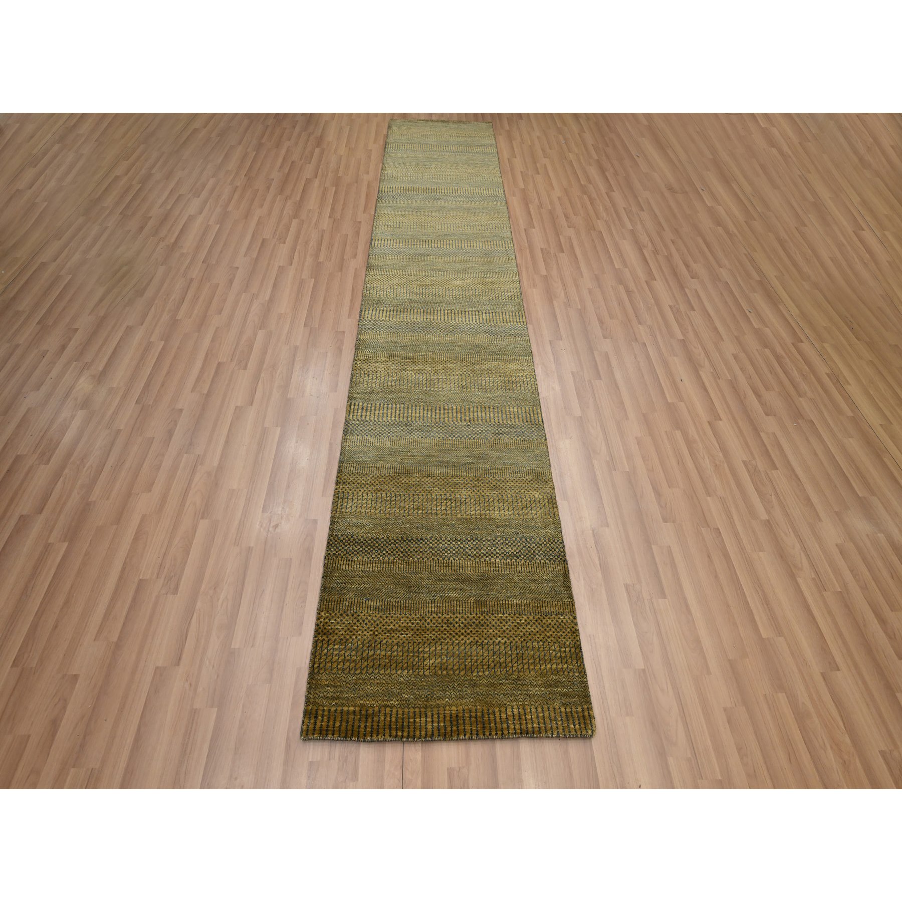 2'8"x12'2" Golden Brown, Wool and Silk, Modern Grass Design, Hand Knotted, Denser Weave, Soft To the Touch, Runner, Oriental Rug Sh83222