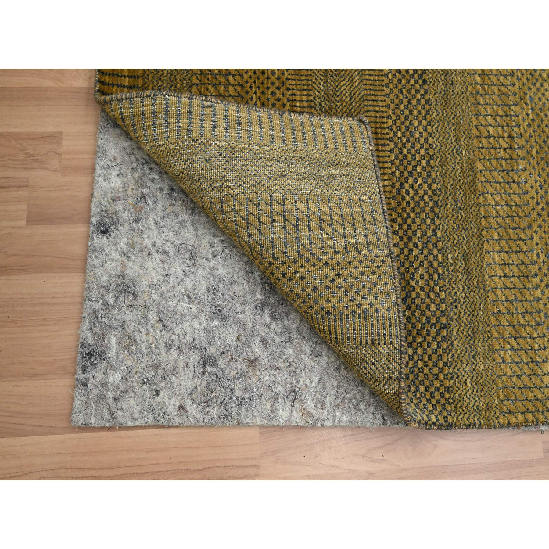 2'8"x12'2" Golden Brown, Wool and Silk, Modern Grass Design, Hand Knotted, Denser Weave, Soft To the Touch, Runner, Oriental Rug Sh83222