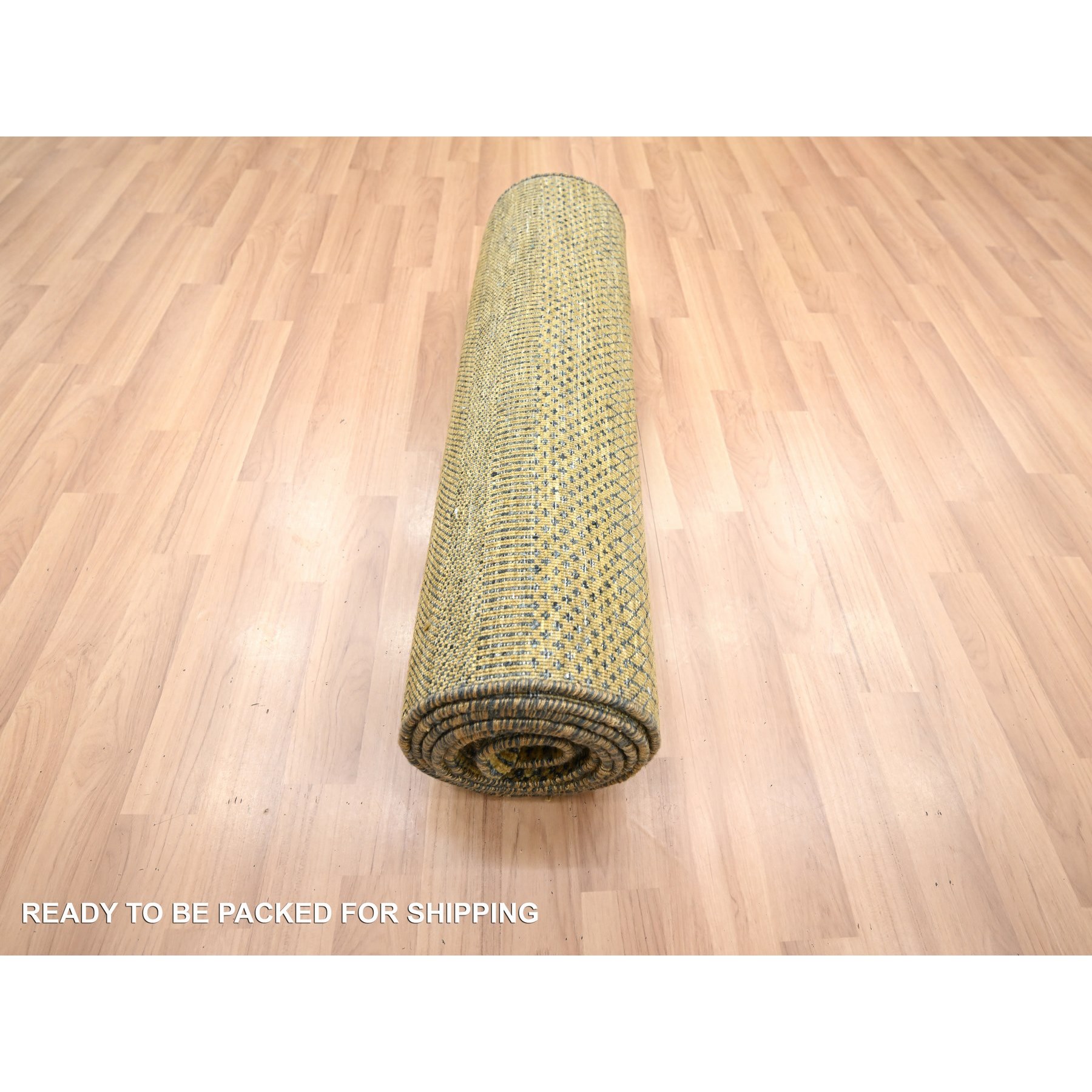2'8"x12'2" Golden Brown, Wool and Silk, Modern Grass Design, Hand Knotted, Denser Weave, Soft To the Touch, Runner, Oriental Rug Sh83222